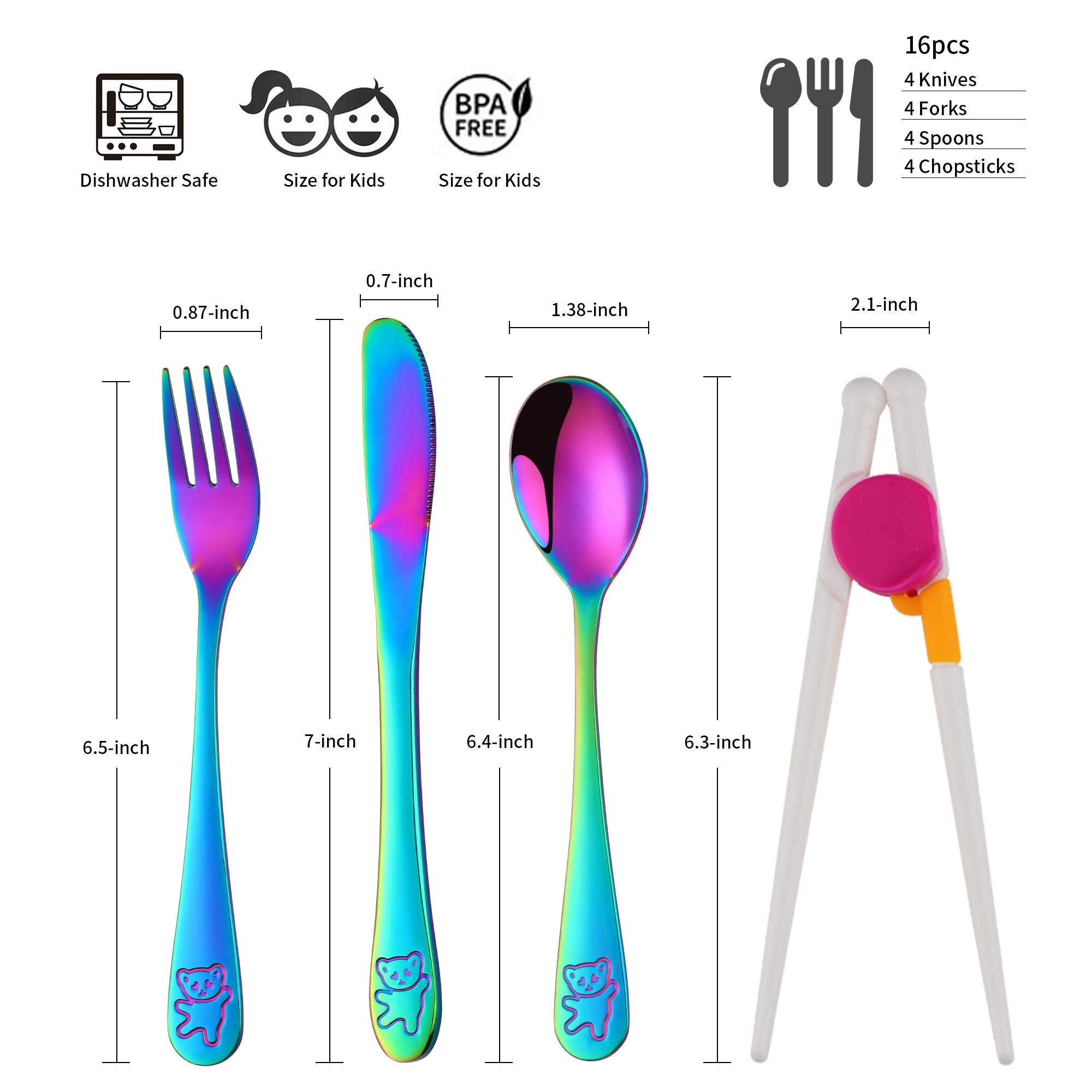 Kids Silverware, Poylim Stainless Steel Children Flatware Set, Toddler Utensils Set of 4, Rainbow