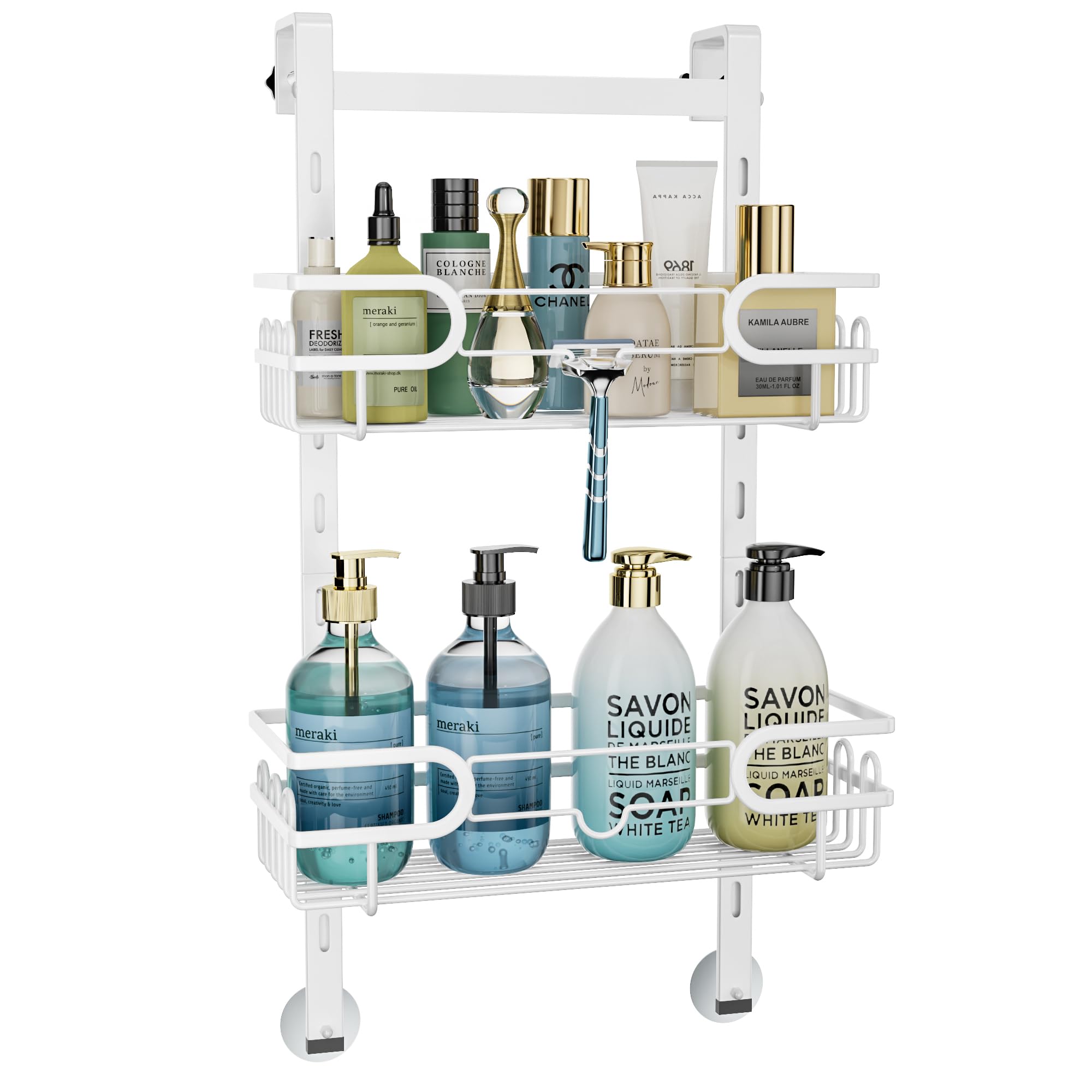 Consumest Over The Door Shower Caddy - 2 Tier Adjustable Hanging Shower Caddy Shower Shelf With 12 Hooks, Rustproof Easy Install