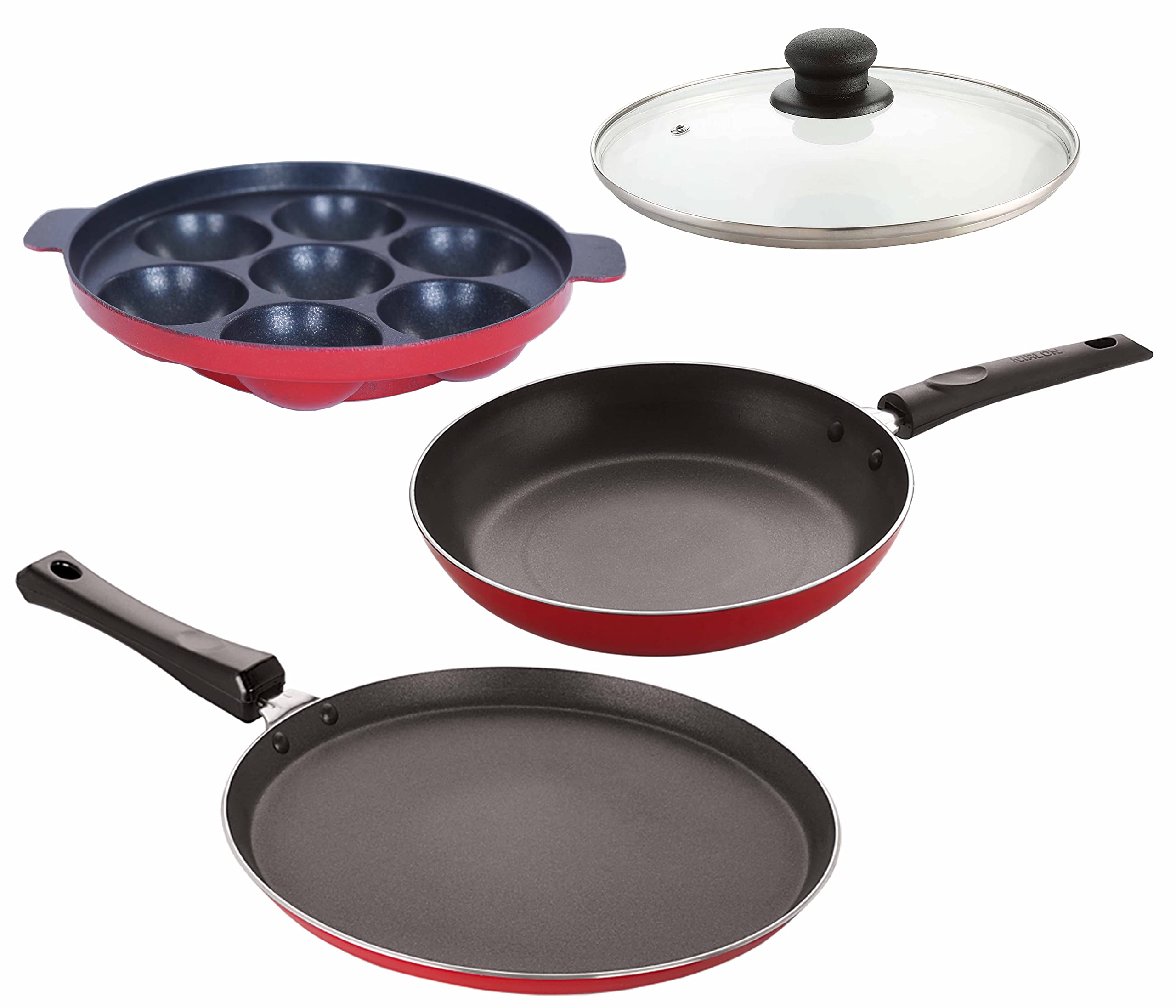 Nirlon Nonstick Aluminium Gas Compatible Cookware Utensils Combo Gift Set (Appam7 Cavity|Flat Tawa|Tapper Pan|1 Glass Lid)32Mm