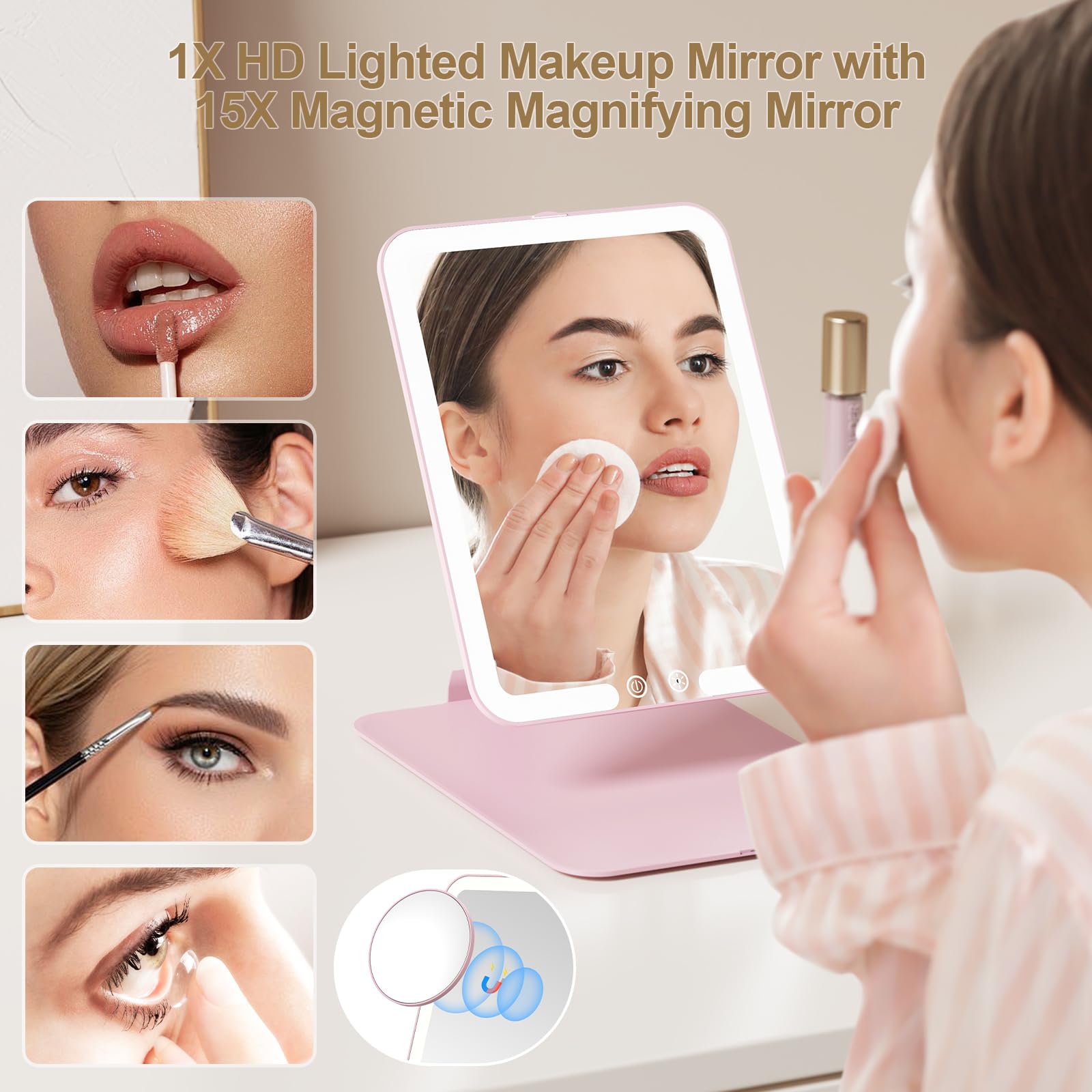 Benbilry Travel Makeup Mirror with Light, 15X Magnifying Mirror & 3 Color Modes, 1800mAh Rechargeable, Adjustable Height/Angle S