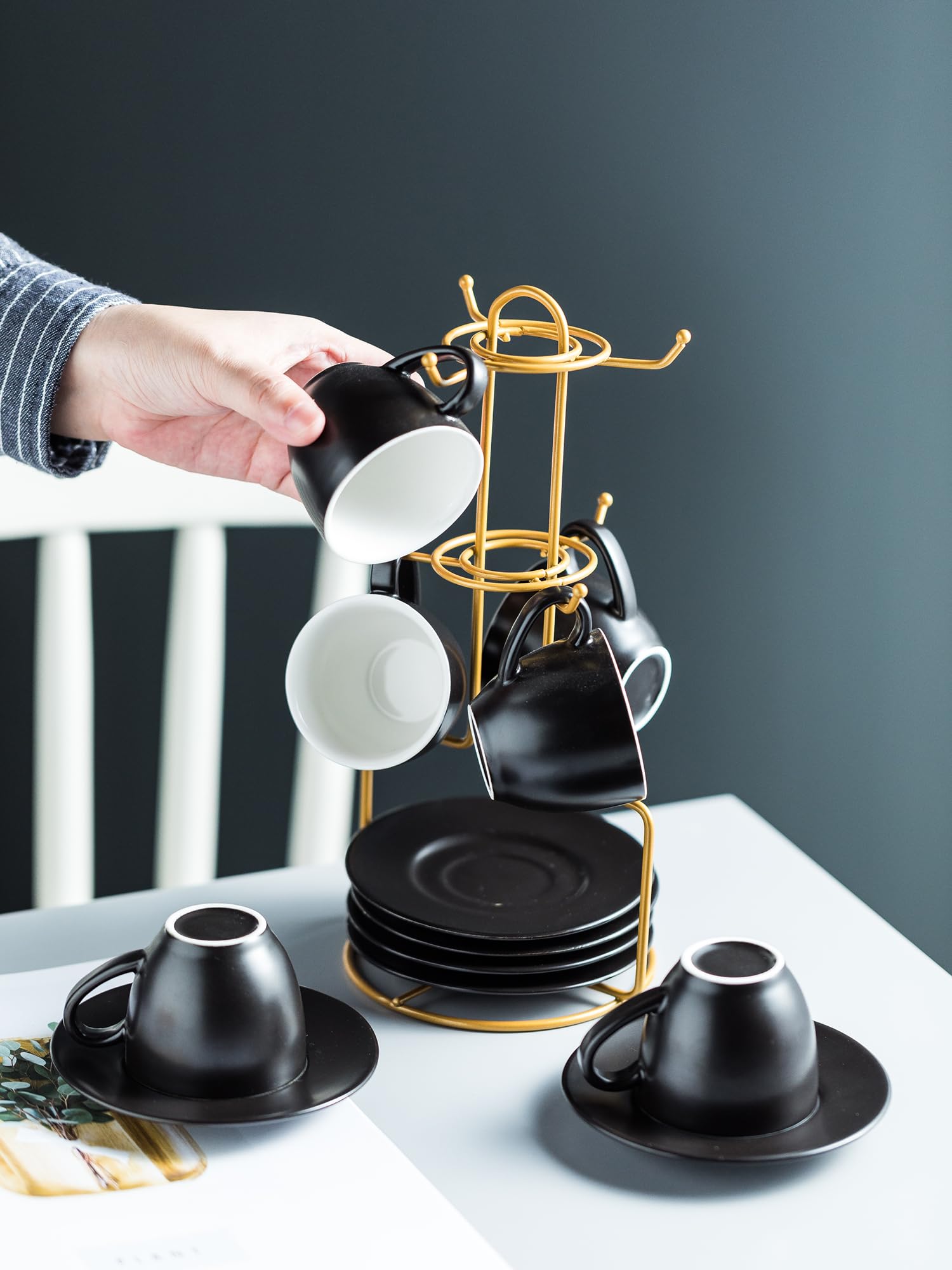 Yhosseun 3 Ounces Espresso Cups With Saucers Set, Porcelain Latte Cups And Metal Stand Demitasse Cups For Espresso, Latte, Cafe