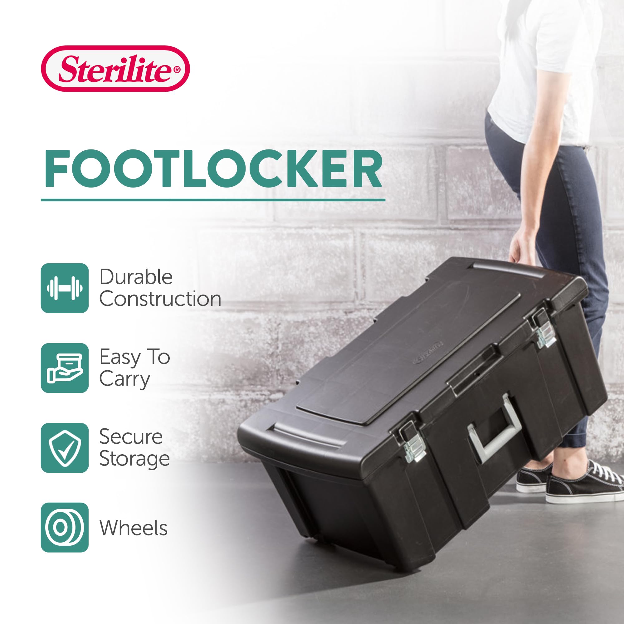 Sterilite 16 Gallon Lockable Footlocker Toolbox with Wheels  Black  18429001