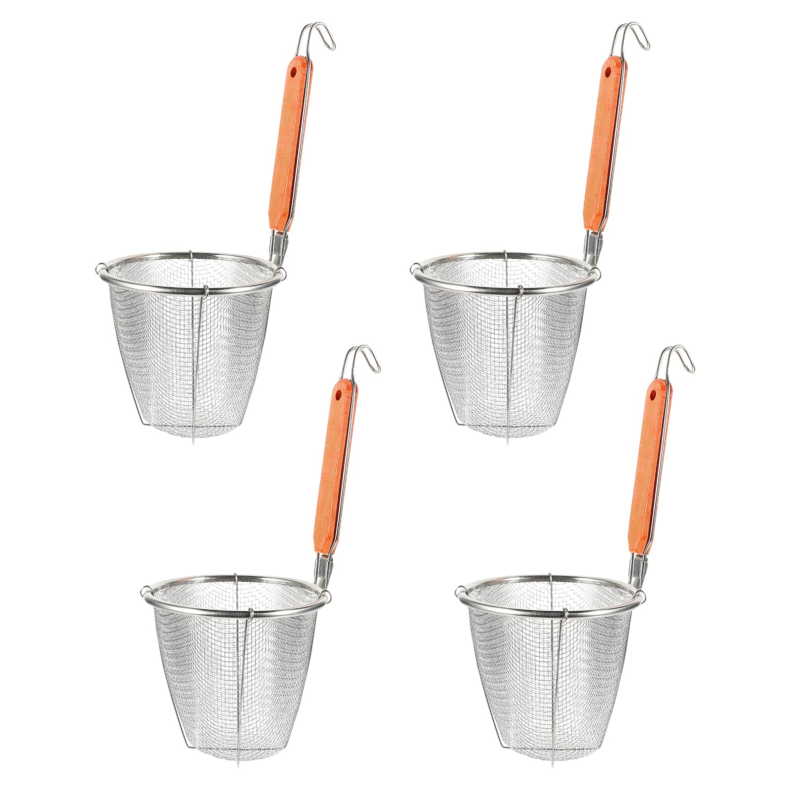Angoily Pasta Strainer, 4Pcs Mesh Pasta Basket With Wooden Handle, Stainless Steel Spider Strainer Sieve Noodle Strainer Blanchi