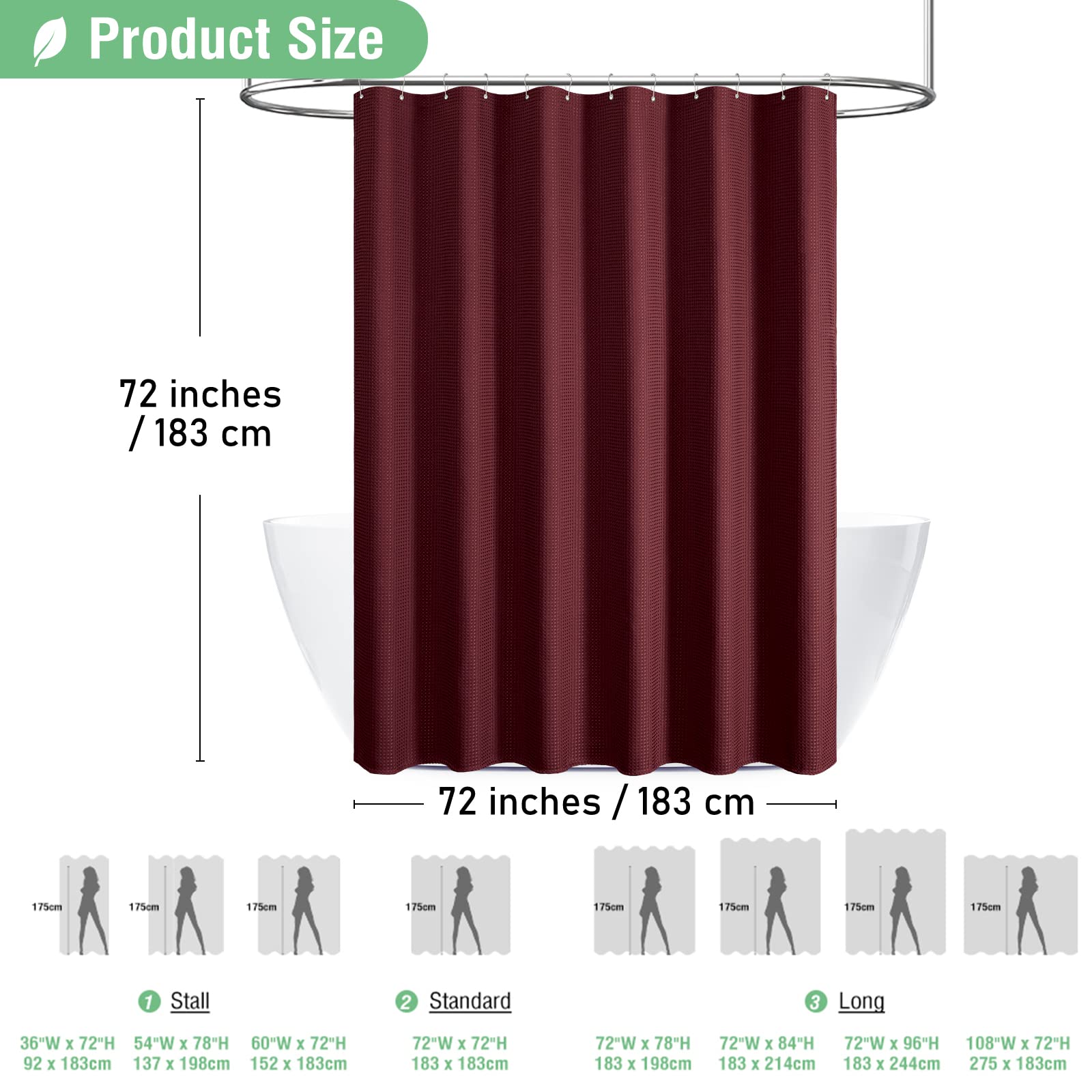 Dynamene Burgundy Fabric Shower Curtain - Waffle Weave Textured Heavy Duty Cloth Shower Curtains For Bathroom, 256Gsm Hotel Luxu