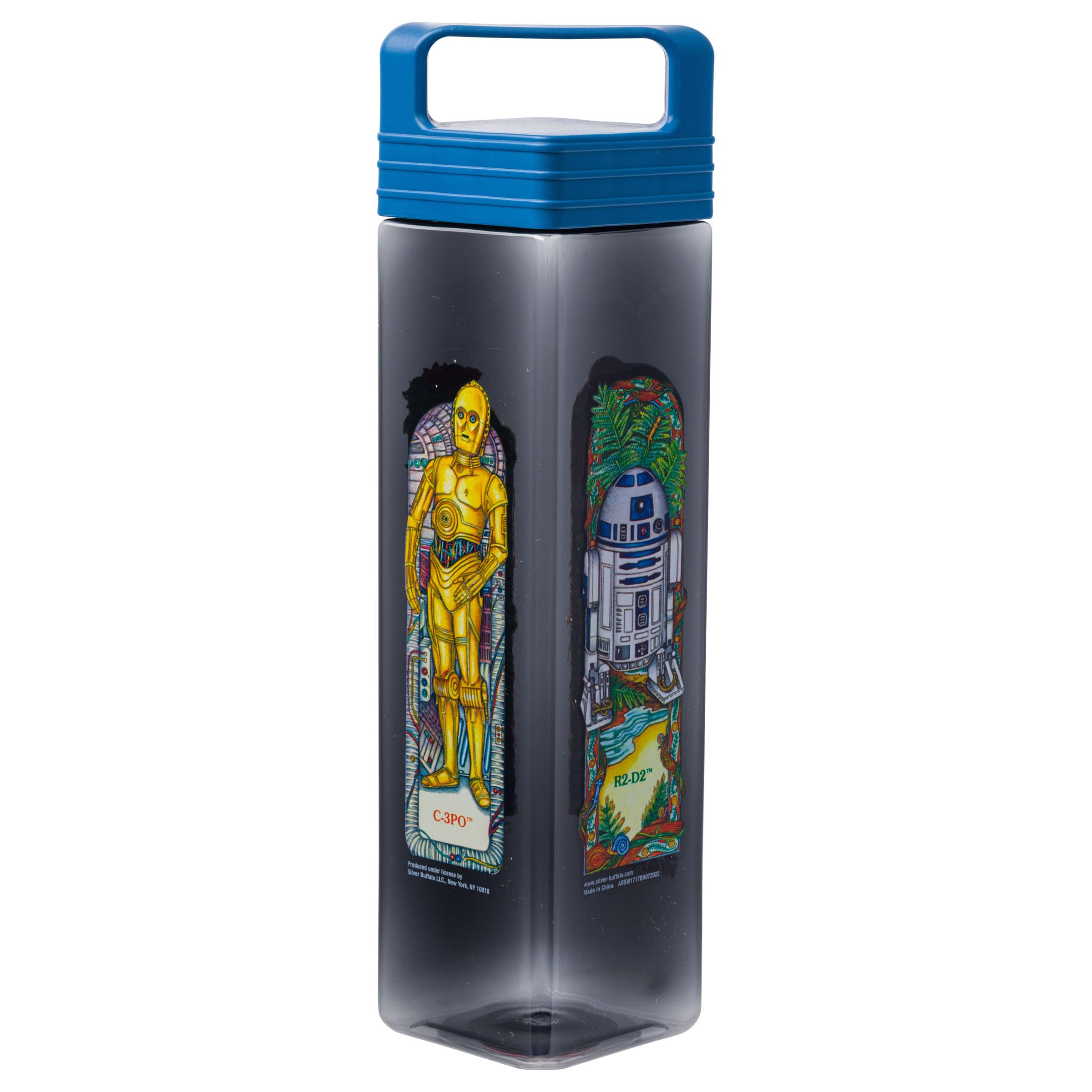 Silver Buffalo Star Wars Featuring R2-D2, C3Po, Chewbacca, And Yoda Plastic Square Water Bottle With Lid, 25 Ounces