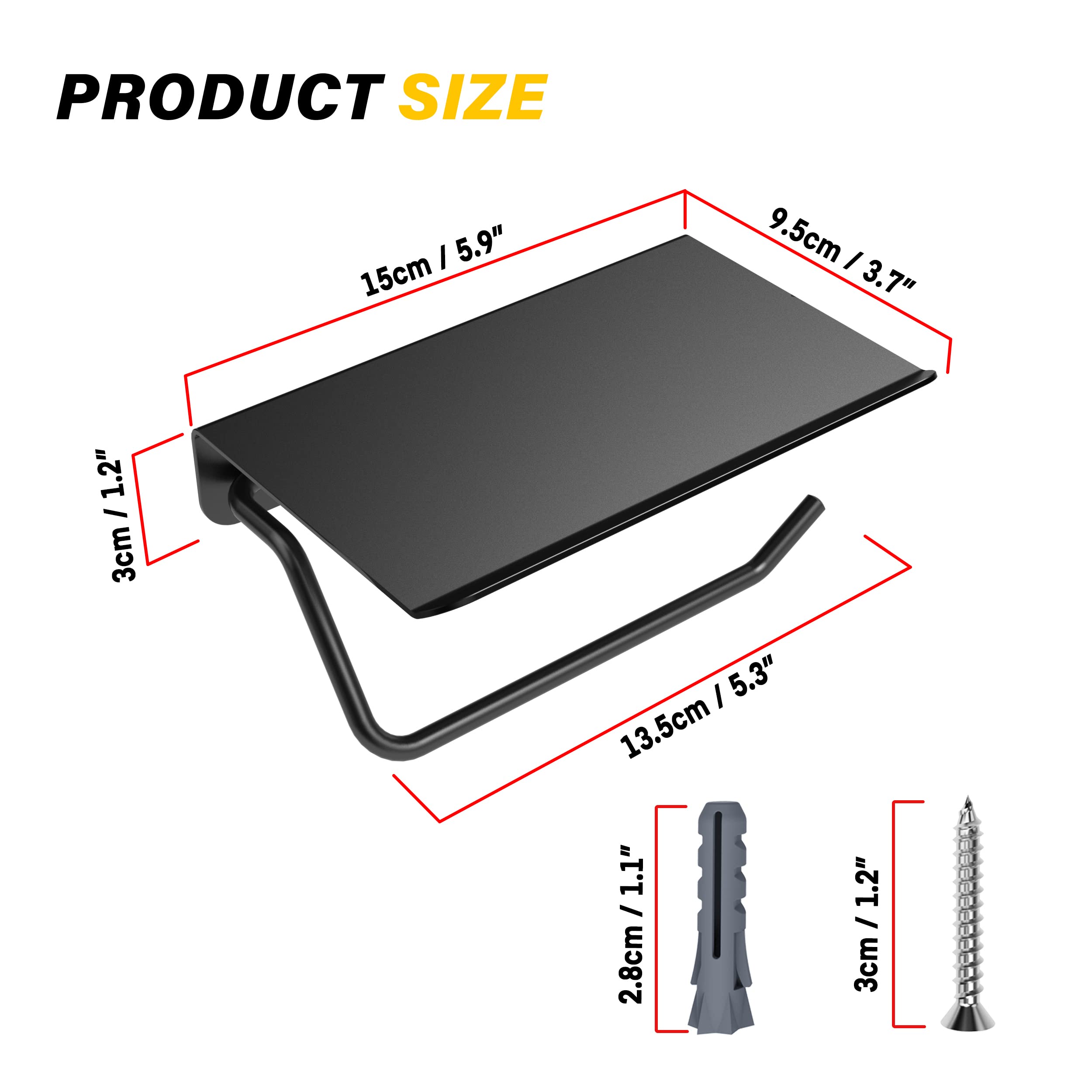 Toilet Paper Holder With Phone Shelf, Bathroom Accessories Tissue Roll Dispenser Storage Wall Mounted (Black)
