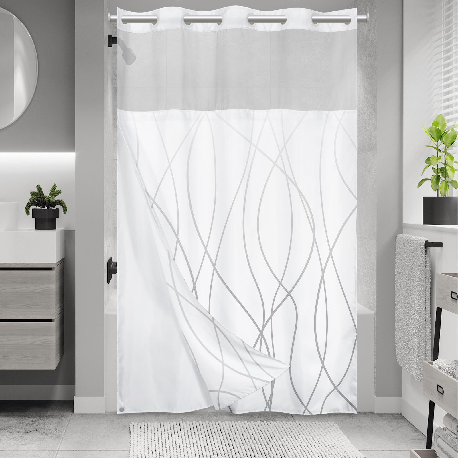 Lxbni No Hook Ombre White Striped Stall Shower Curtain With Snap In Fabric Liner Set - Hotel Shower Curtain And Liner Set With S