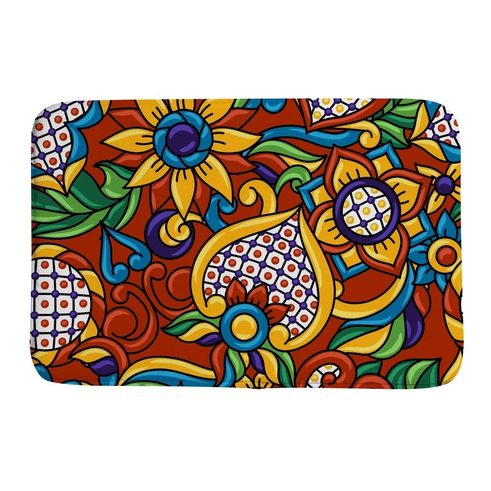 Bath Rug Bathroom Mat Rug Non-Slip Water Absorbent Coral Velvet Shower Machine Washable Memory Foam Mexican Talavera Ethnic Folk