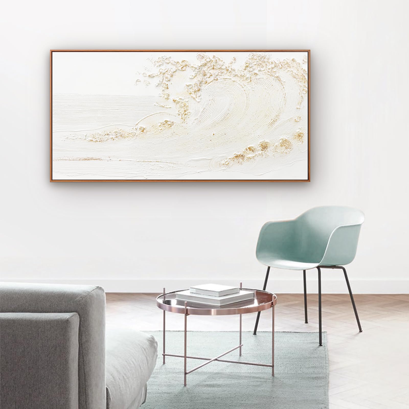 Framed Wall Art Wall Decor Nature Decor Canvas Hand Painted White Wave With Golden Embellishments Artwork Painting Picture For L