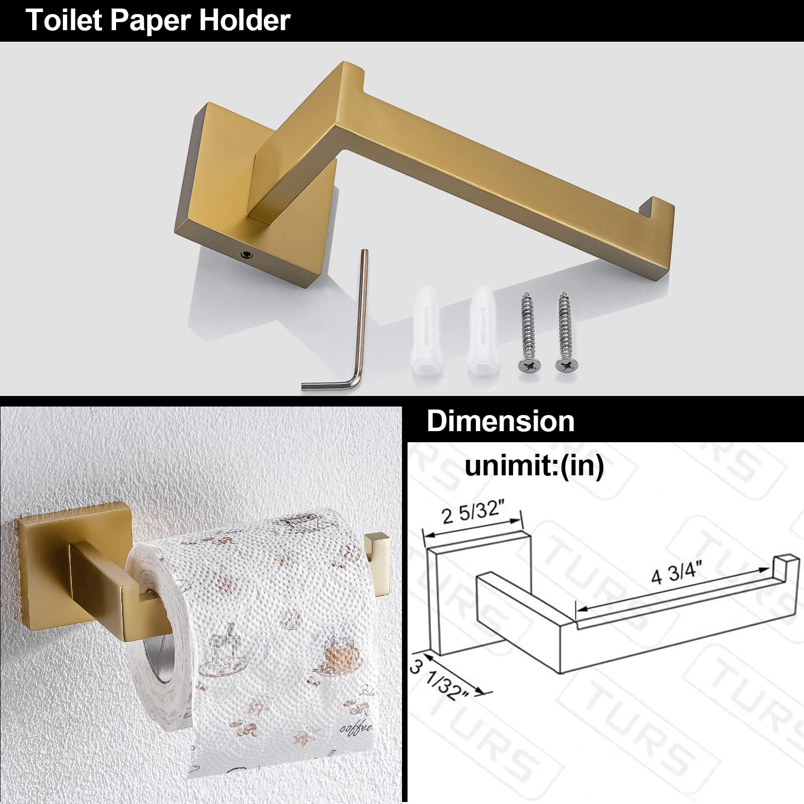 Turs Brushed Gold 3-Piece Bathroom Hardware Set Stainless Steel Gold Hand Towel Holder Toilet Paper Holder Towel Hook Wall Mount