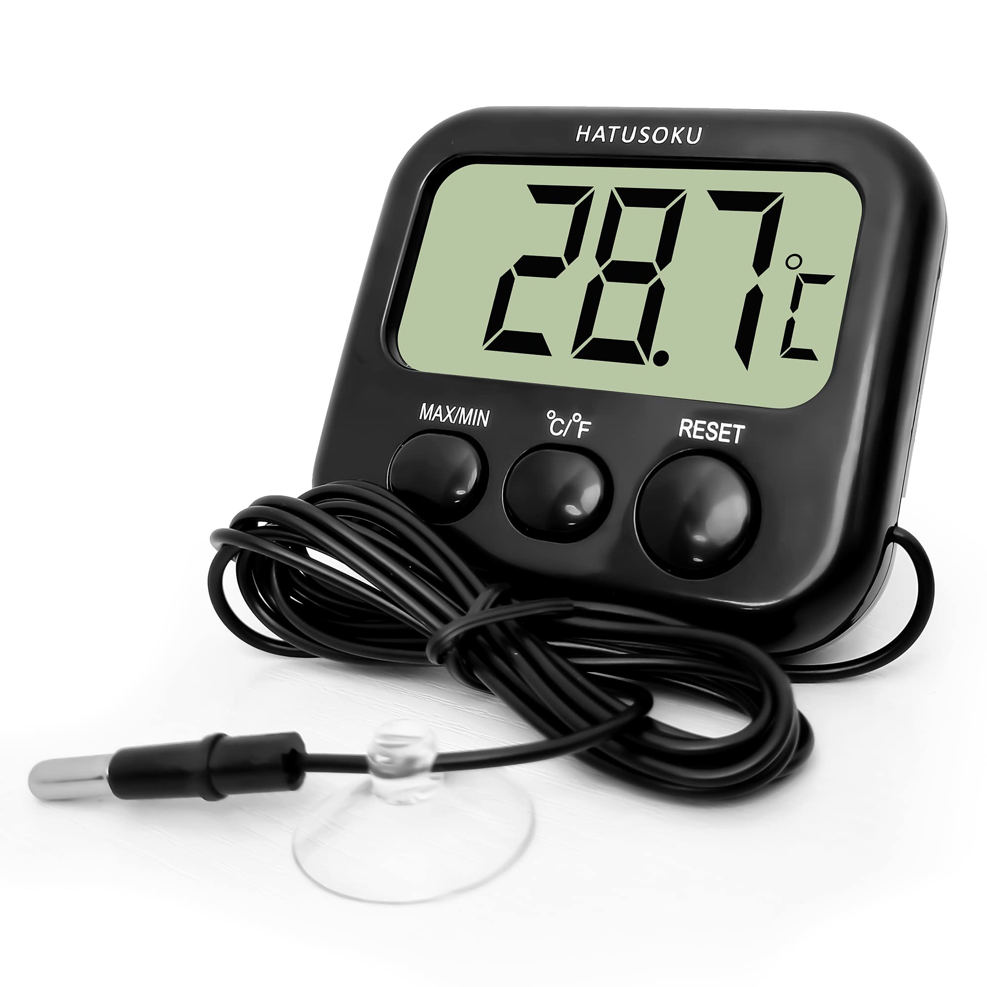 HATUSOKU Digital Thermometer with External Sensor, Magnet, Suction Cup, Water Thermometer, Aquarium, Refrigerator, Freezer (Blac