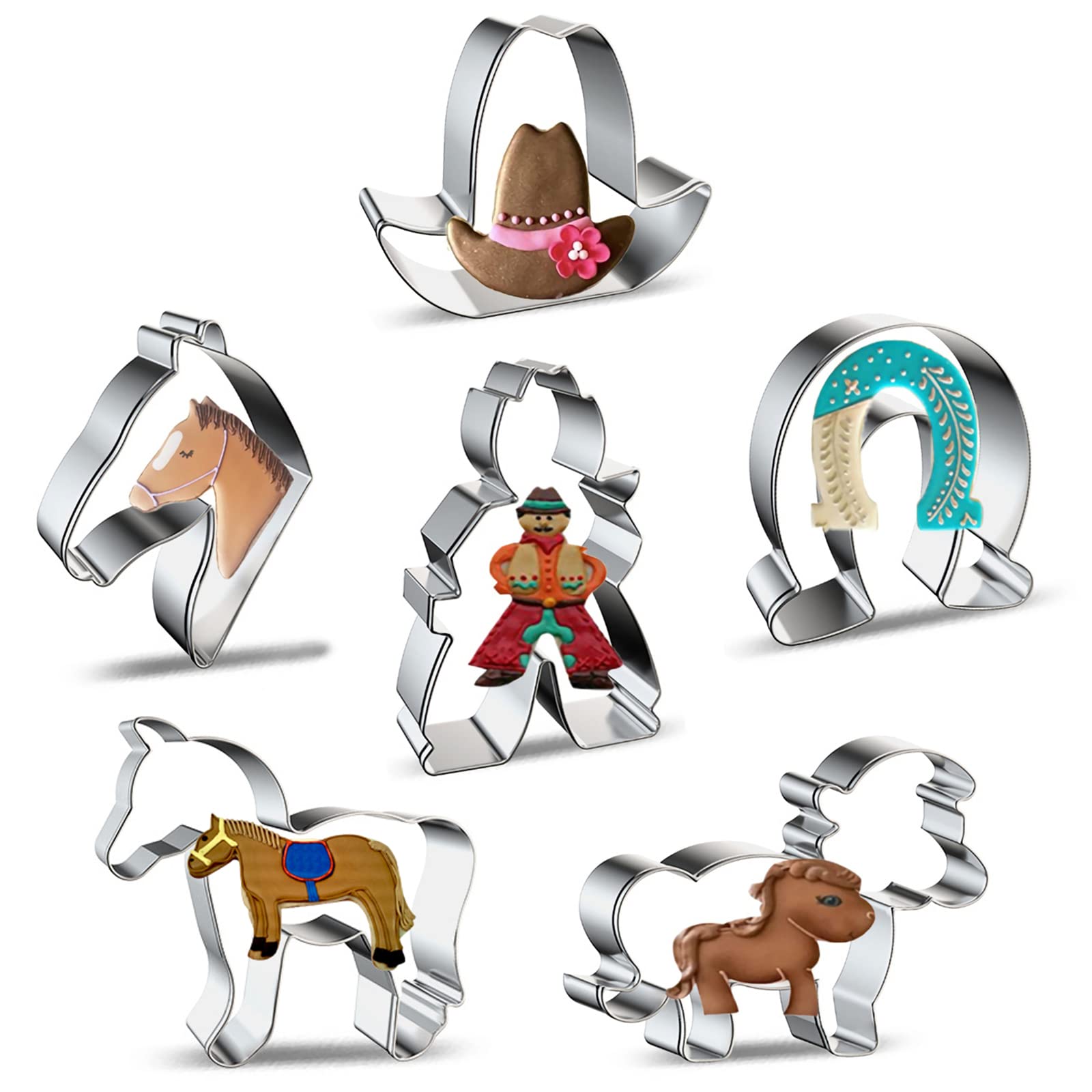Horse Cowboy Cookie Cutters Shapes Baking Set, 6 Pieces Stainless Steel Metal Mold With Horse, Pony, Horse Head, Horseshoe, Cowb