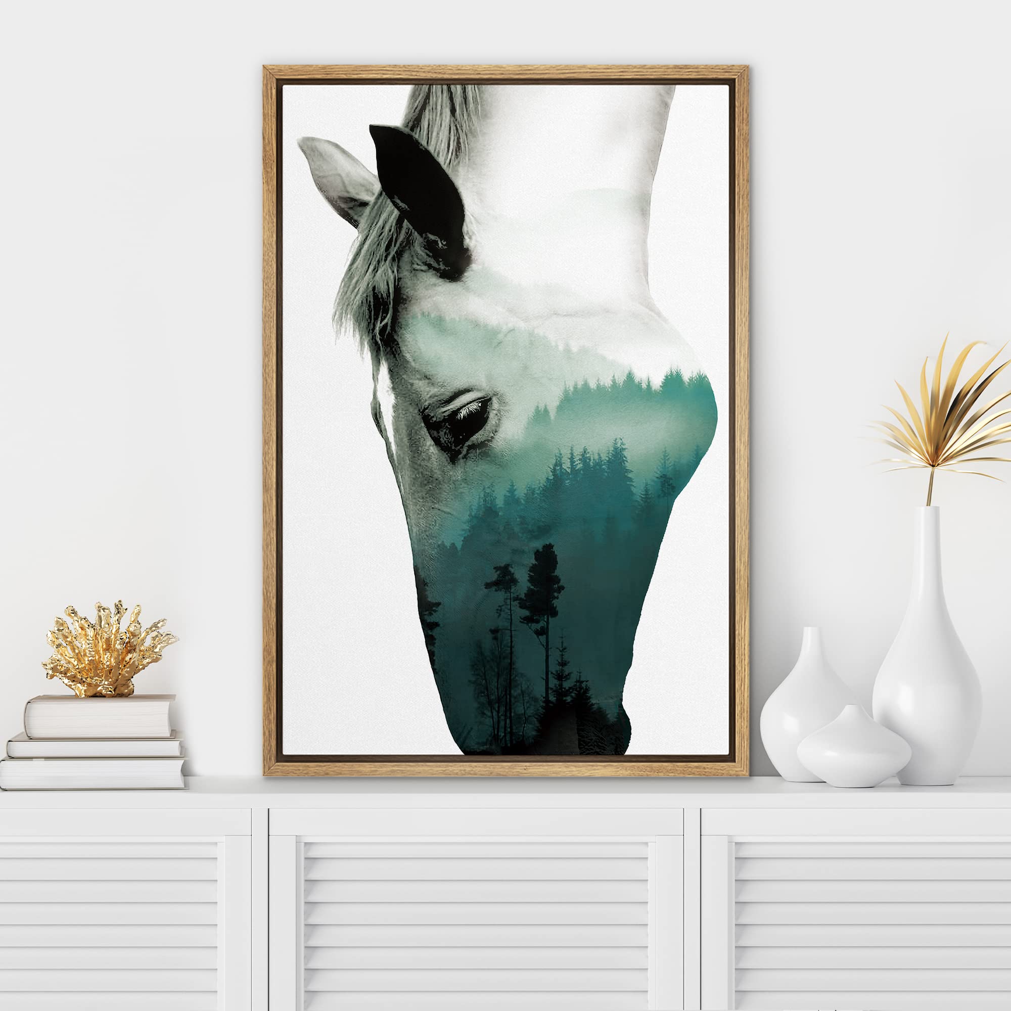 Signwin Framed Canvas Wall Art A Wild Horse And Foggy Mountain Double Exposure Photography Animals Wildlife Art Modern Art Rusti