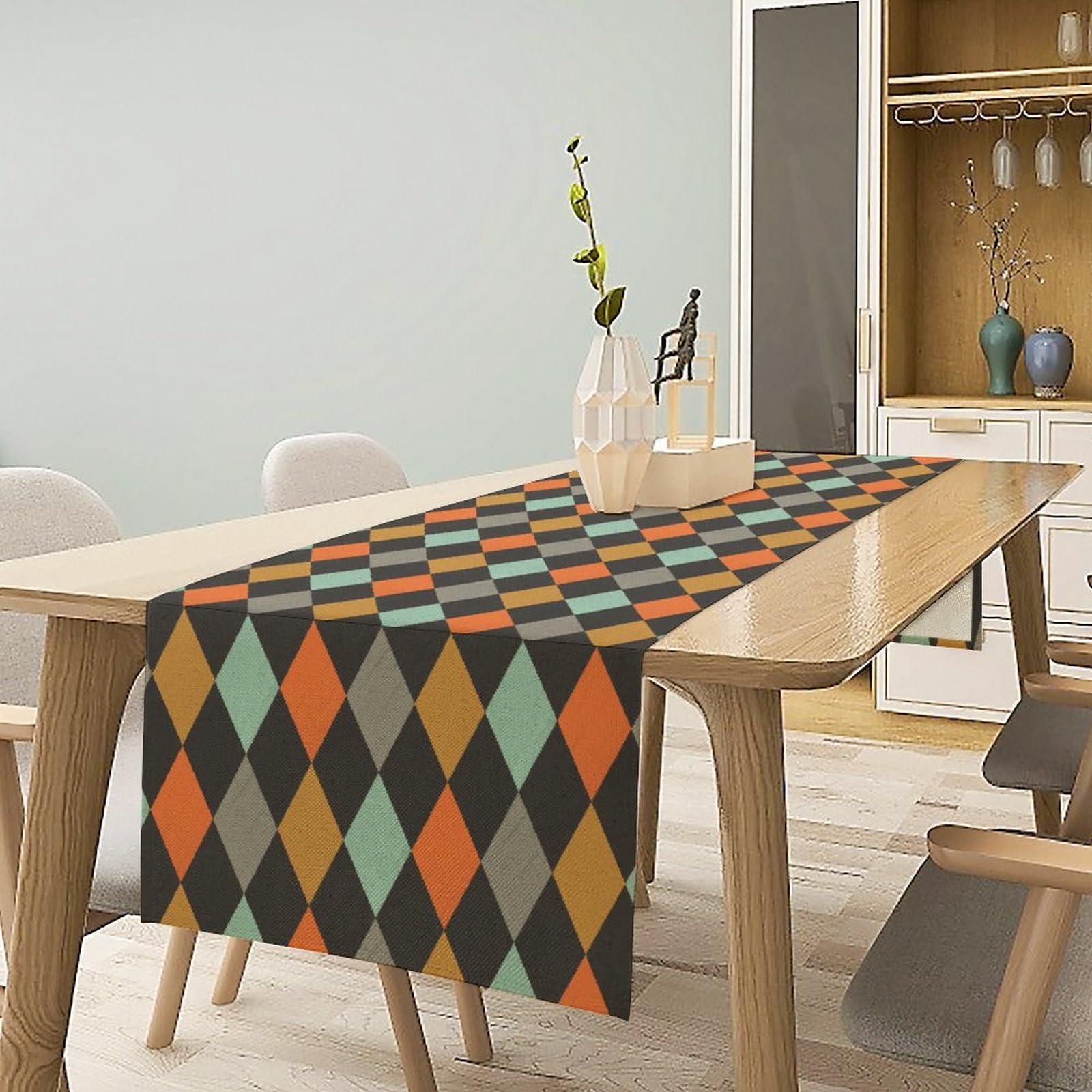 Geometric Style Table Runner, Vintage Argyle Texture Tabletop Collection Table Runner For Kitchen Dining Banquet Restaurant Indo