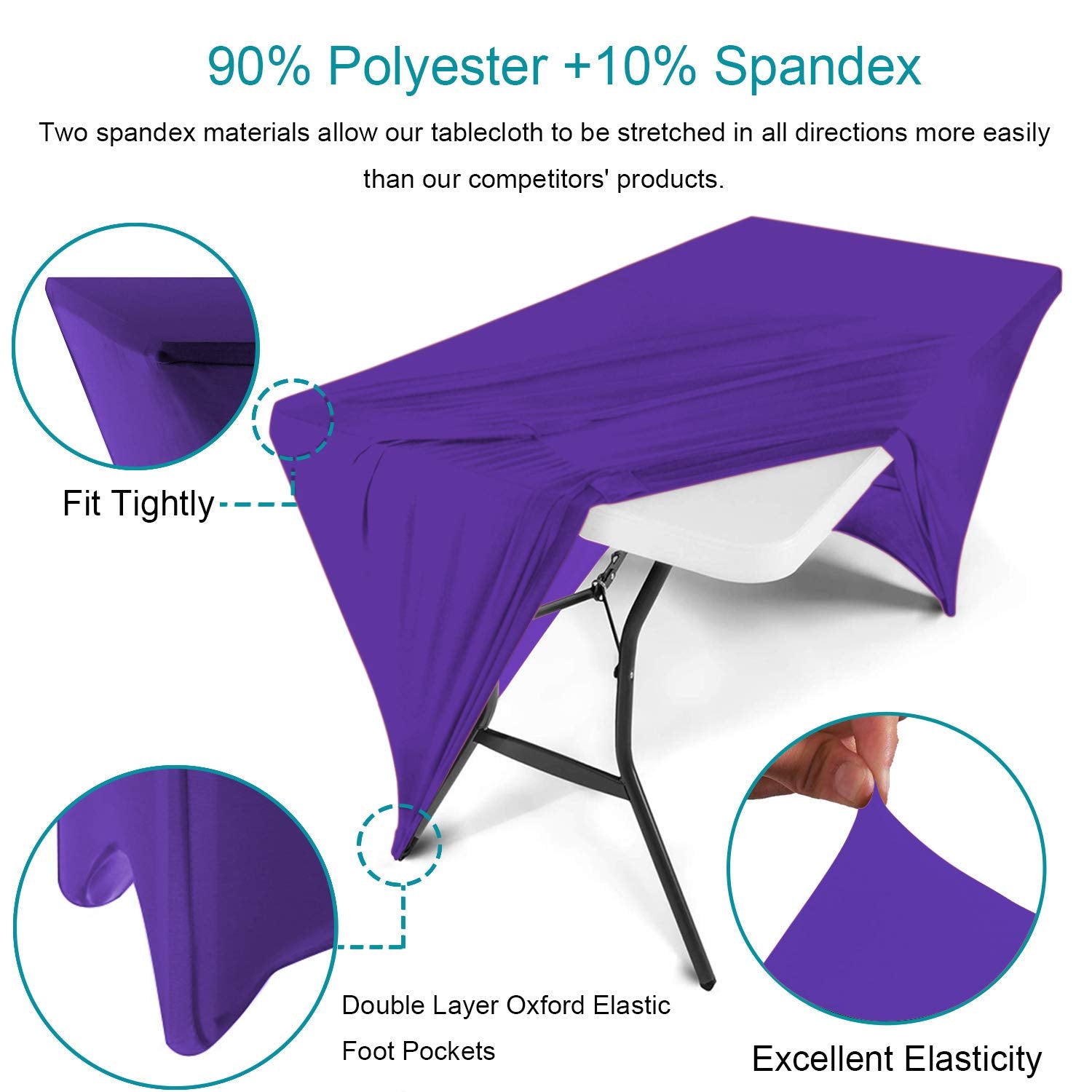 RELIANCER 2 Pack 8FT Rectangular Spandex Table Cover Four-Way Tight Fitted Stretch Tablecloth Table Cloth for Outdoor Party DJ Tradeshow Banquet Vendor Wedding Celebration (2PC 8FT  Purple)