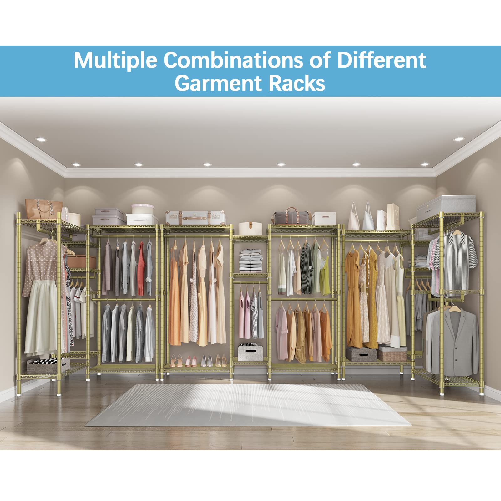 VIPEK V6 Wire Garment Rack Heavy Duty Clothes Rack with 7 Adjustable Shelves & 4 Hanging Rods  Compact DIY Metal Clothing Rack 74.4'' L x 17.7'' W x 76.8'' H  Max Load 780LBS  Gold