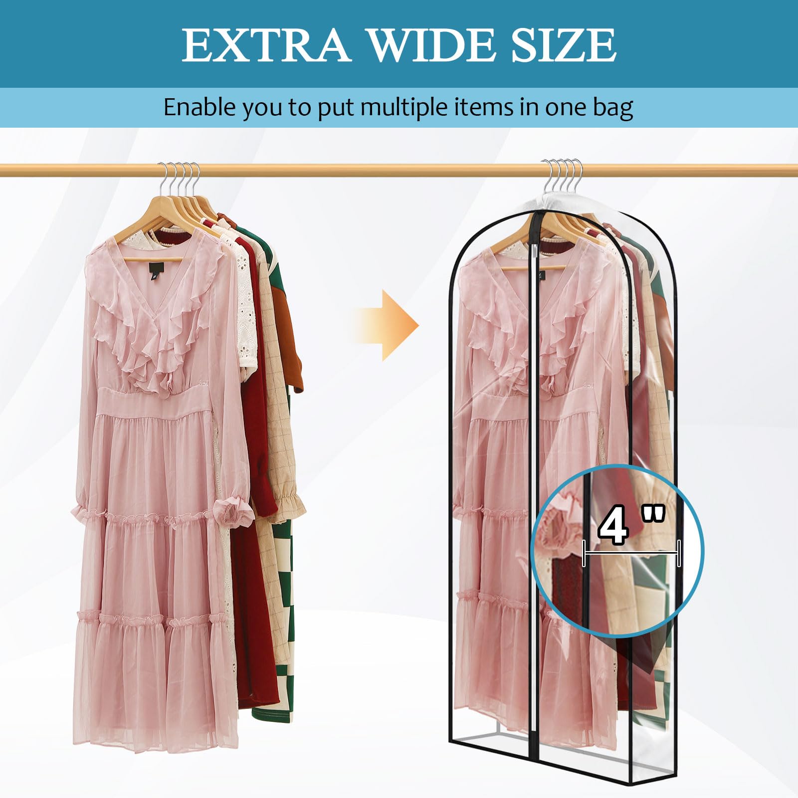 Perber 50'' All Clear Garment Bags For Hanging Clothes, 4'' Gusseted Suit Bags For Closet Storage, Plastic Garment Covers With Z
