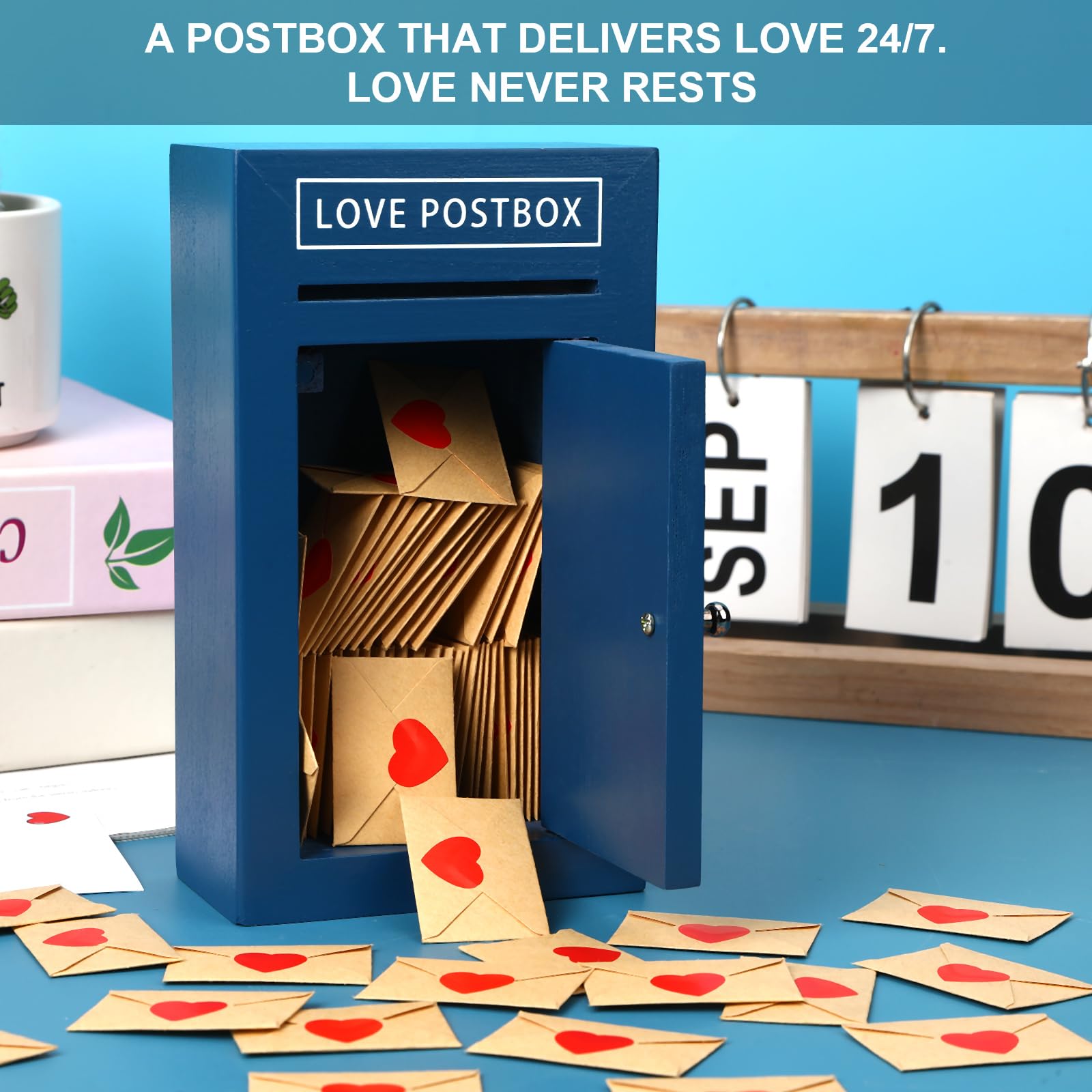 JULEASEL Romantic Love Postbox with 50 Mini Love Notes and Envelopes for Him, Cute Couple Gifts for Boyfriend, LoveLetter, Long