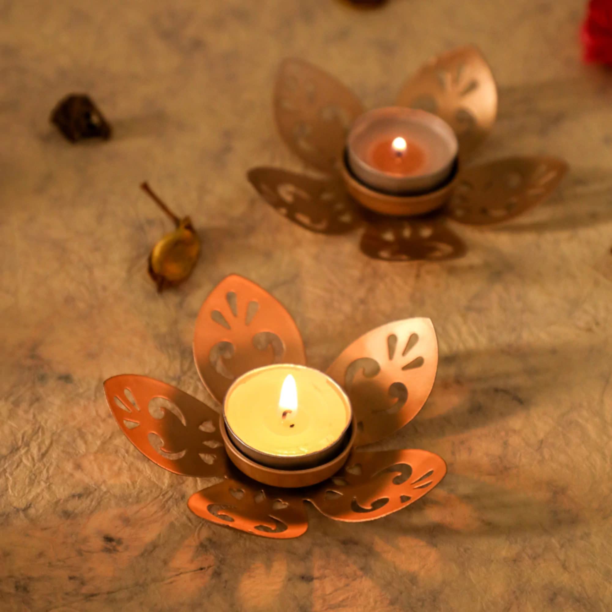 Desi Favors Dye Cut Flower Shape Tea Light Holder | Decorated Pearls | Christmas D  cor | Candle Diya Holder for India, Diwali, 