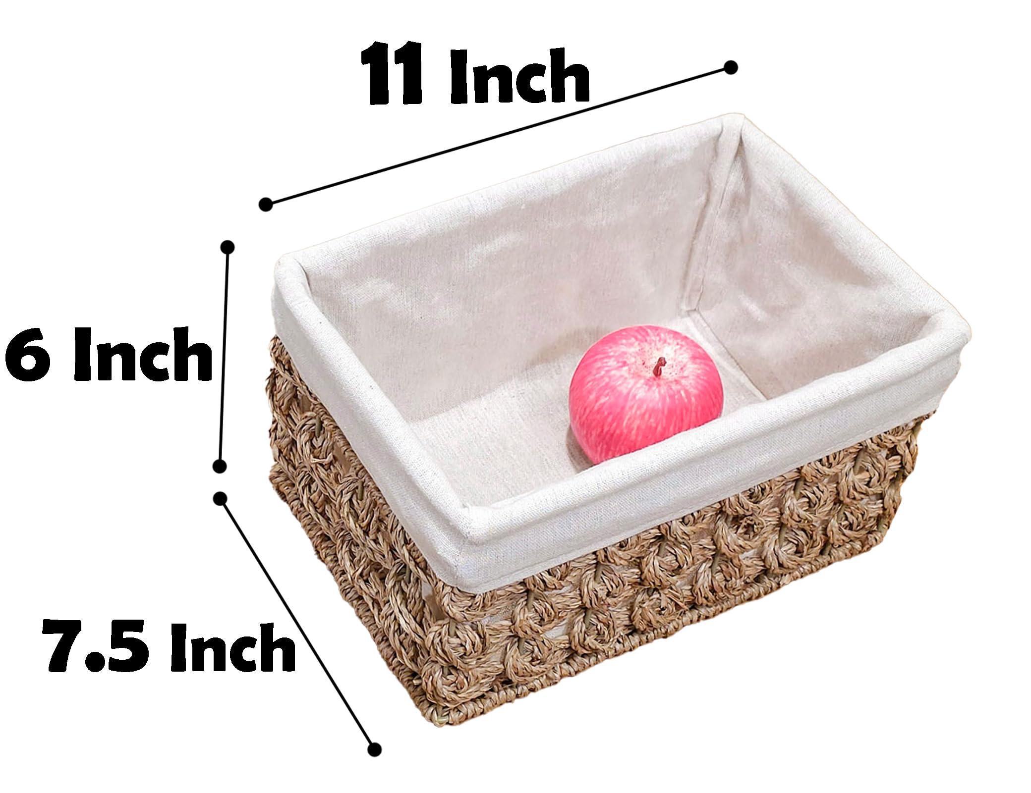 Ellinia Storage Basket With Liner, Wicker Counter Organizing Basket With Built-In Handles, Woven Rectangular Natural Seagrass Bi