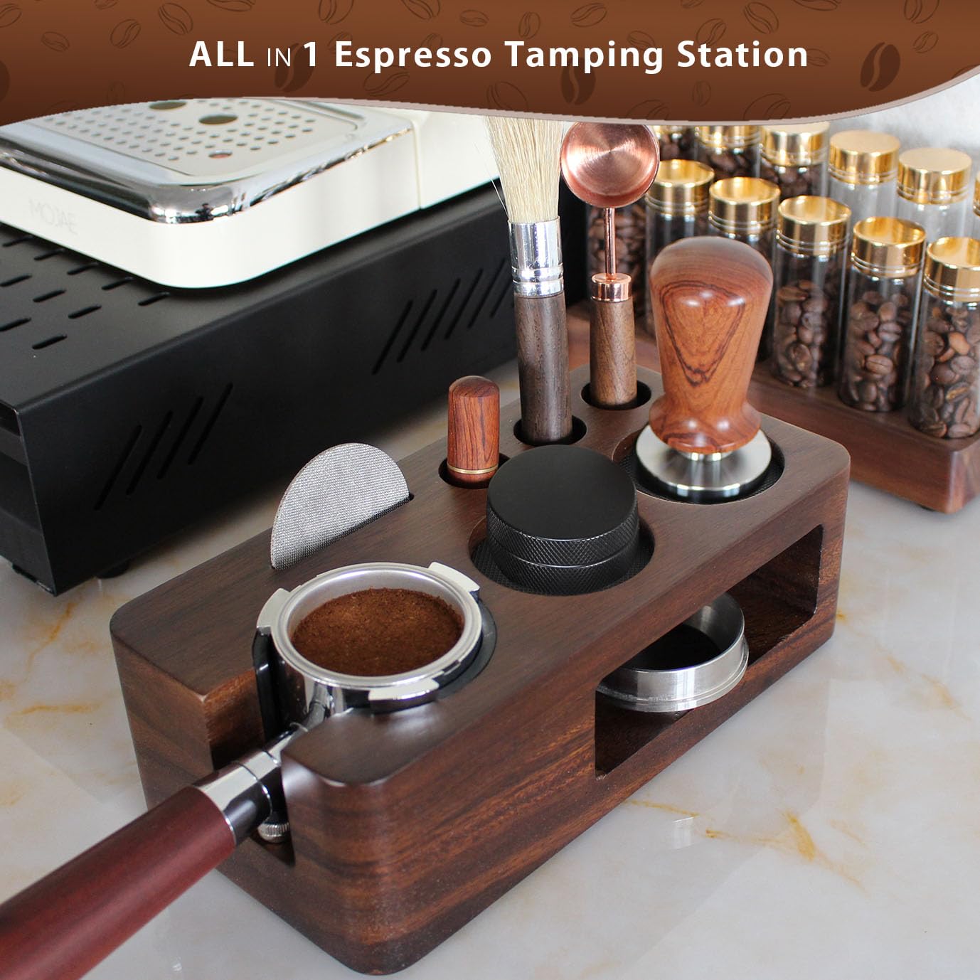 Carfeel Espresso Tamping Station, Walnut Non-slip Tamper Holder, Fits 51-54mm Portafilter, Multifunctional, Durable Design