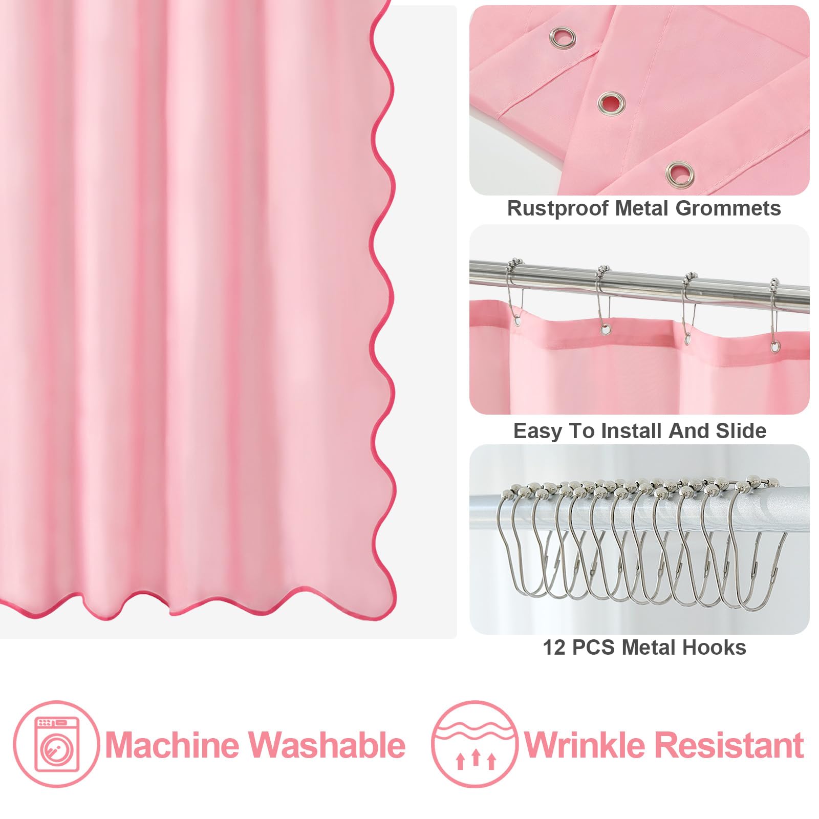 Ortigia Pink Cute Scalloped Shower Curtain 72 W X 84 H Inch, Cute Boho Preppy Shower Curtains Aesthetic Waterproof Fabric Shabby