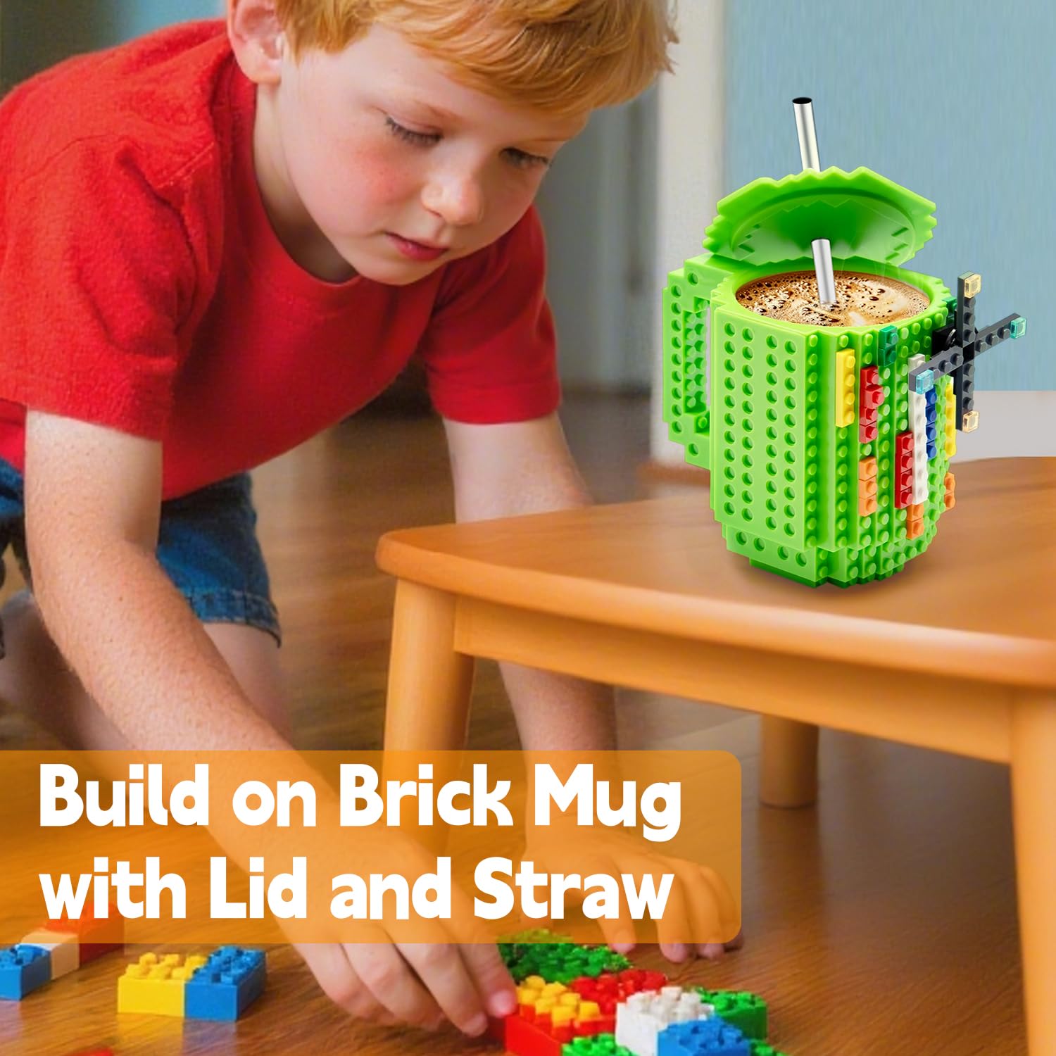 FUBARBAR Brick Coffee Mug - Funny Novelty Cup with Lid & Straw, Building Block Toy Mug, Gift Idea for Men/Women/Kids (Green)