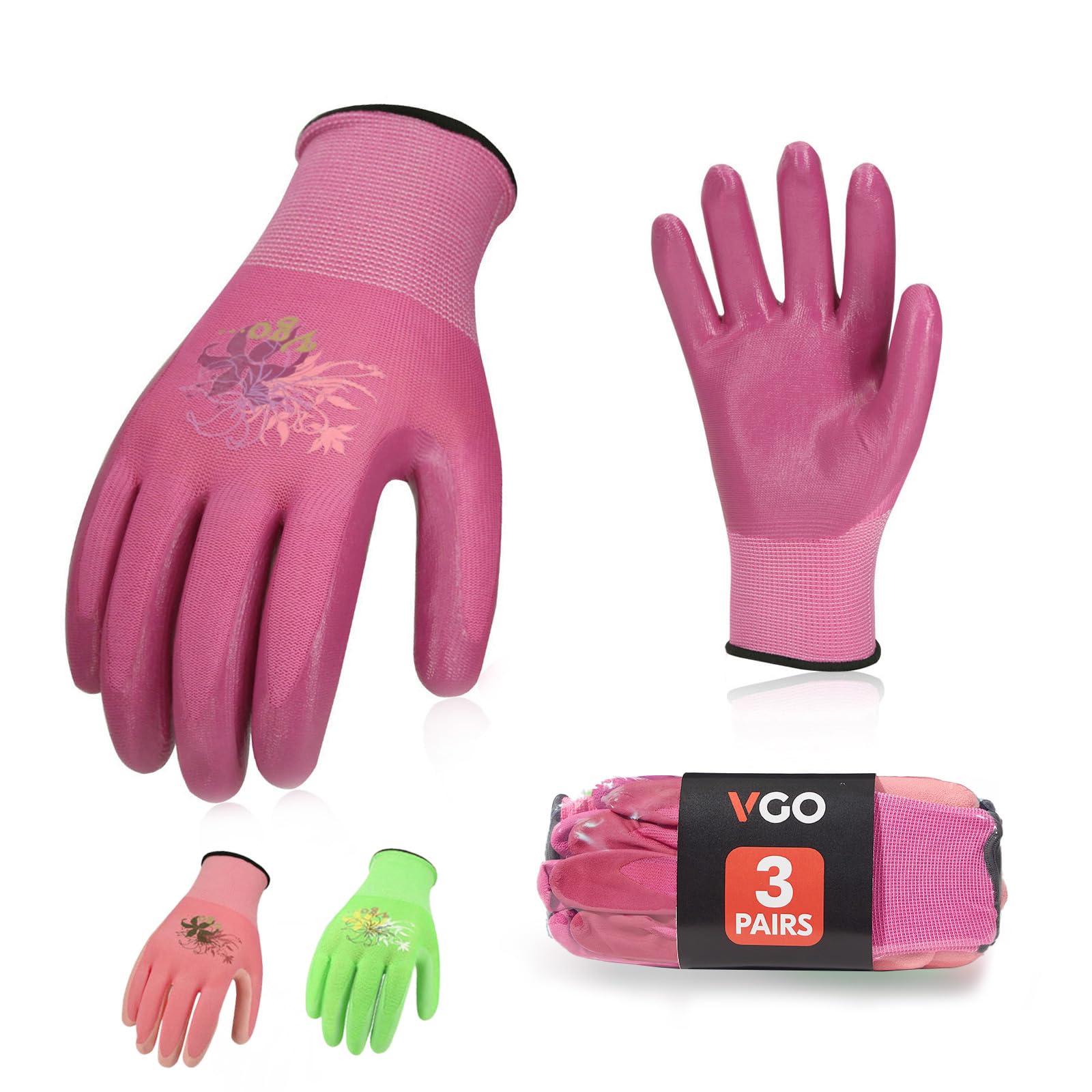 Vgo 3Pairs Ladies Nitrile Coating Gardening And Work Gloves (Size S, Green  Pink  Purple, Nt2110)