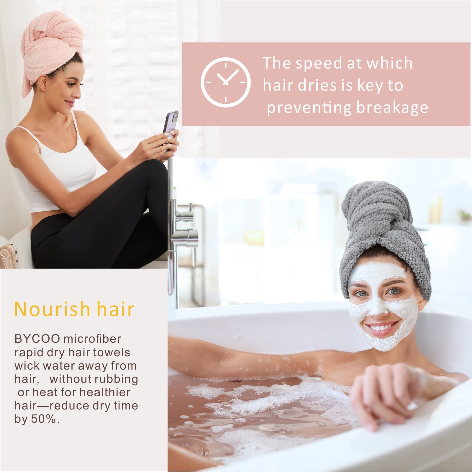 BYCOO 2 Pack Large Microfiber Hair Towel Wrap for Women, Anti Frizz Hair Drying Towel, Fast Dry Hair Turban for Wet Hair, Long,