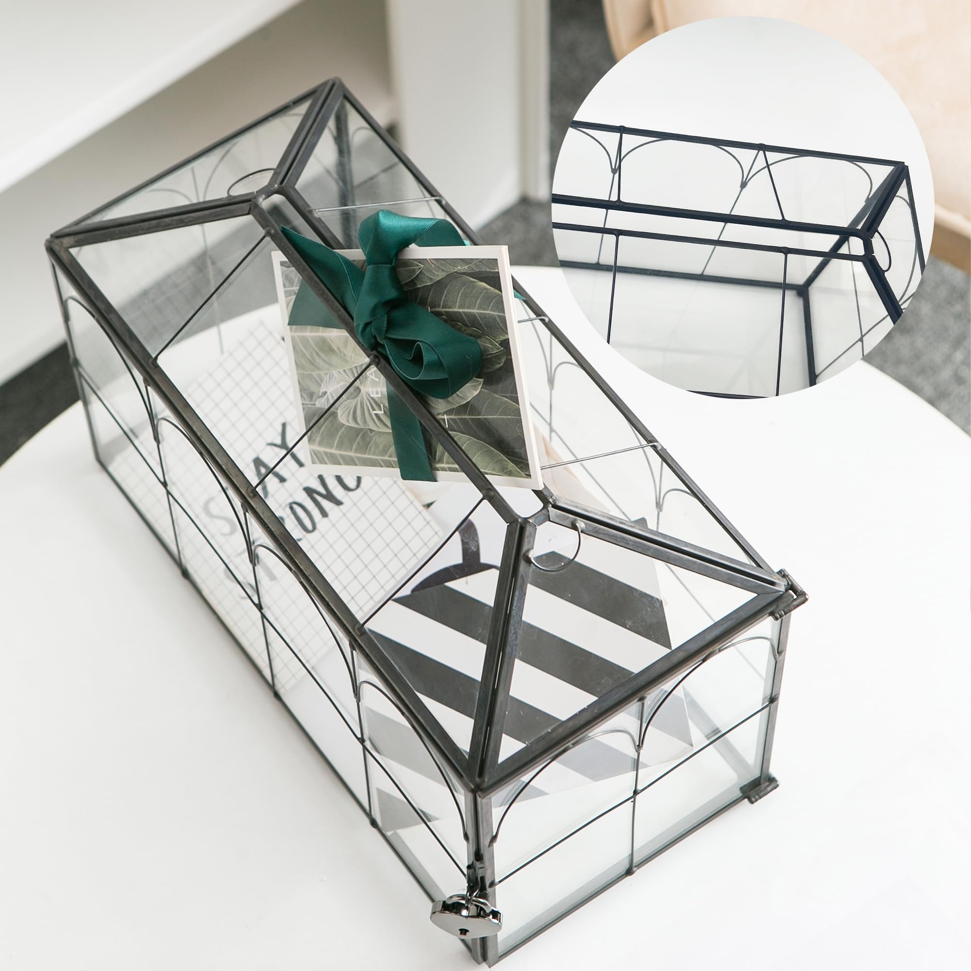 Giadun Wedding Card Box with Slot, 12.6'' Large Glass Card Boxes for Reception, Black Geometric Holder, Clear Decorative Storage