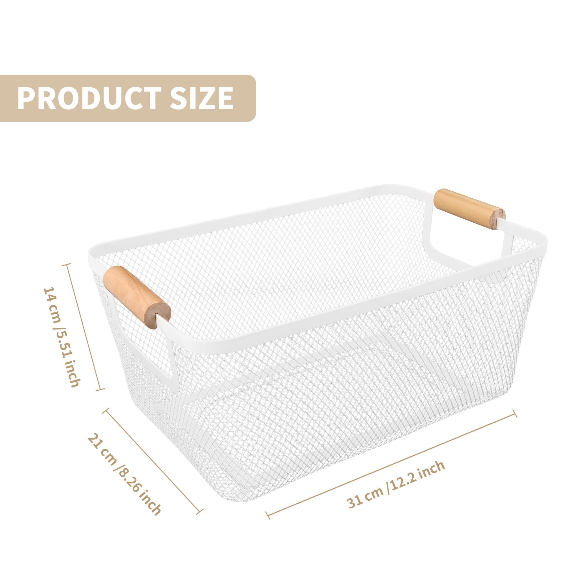 2Pack Metal Mesh Steel Basket With Bamboo Handle - Wire Metal Basket For Kitchen Organization, 12'' Wide Food Organizer Bin, Per