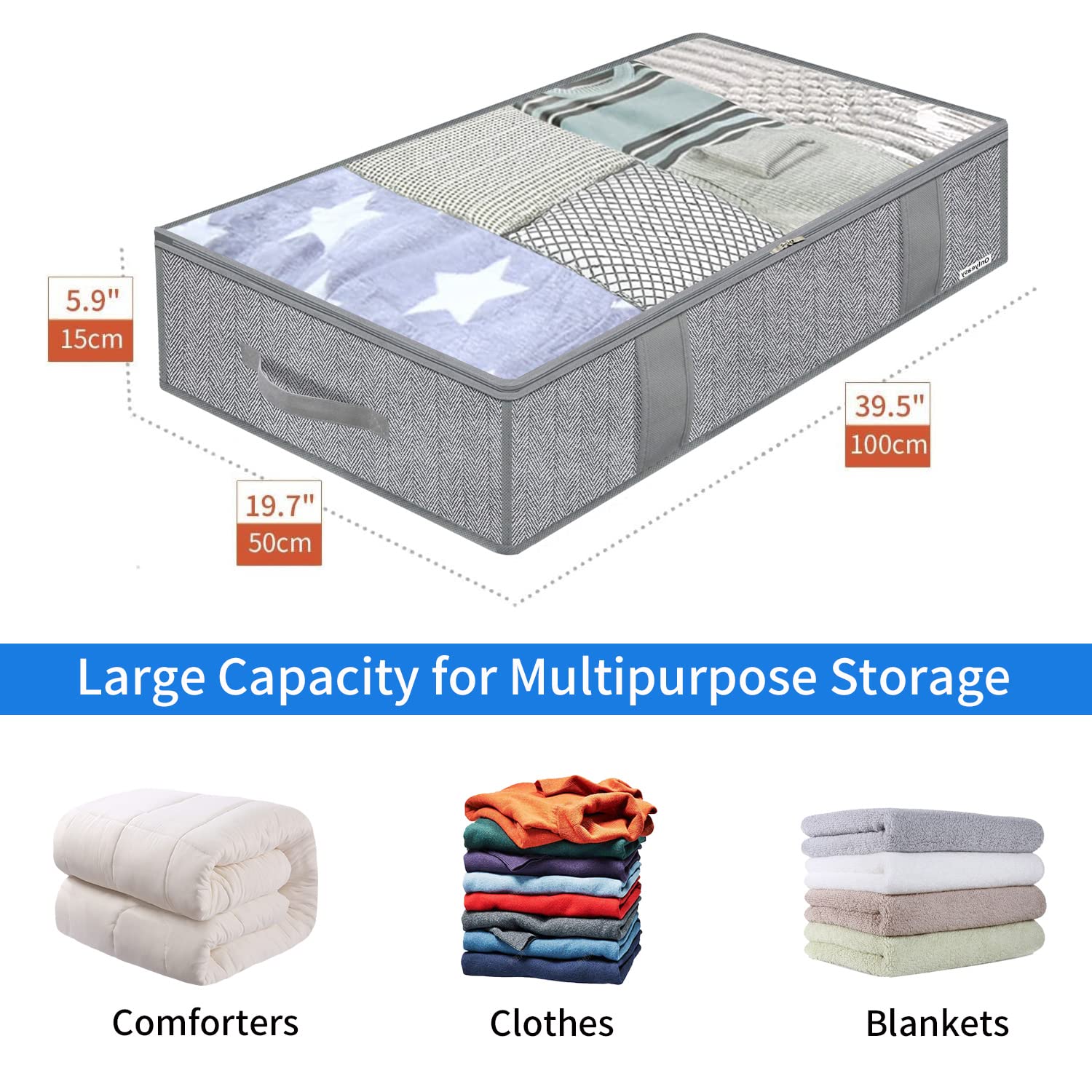 Onlyeasy Large Underbed Storage Bags Organizer Container (2 Pack) with 4 Handles and 2 Sturdy Zippers, Blankets Clothes Comforte