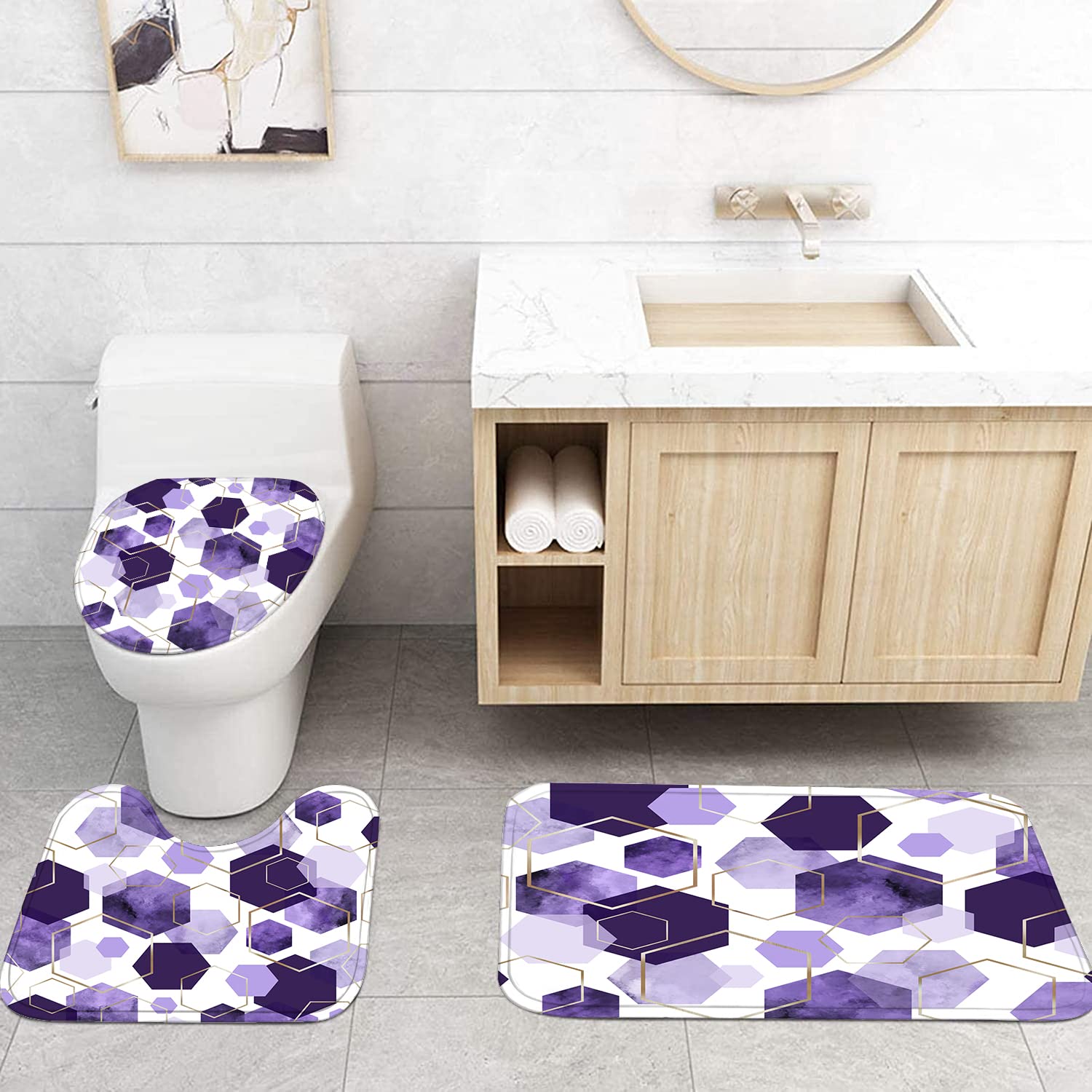 Lqcool 4Pcs Purple Shower Curtain Set Marble Grain Geometric Bathroom Set Lavender Abstract Bathroom Curtain Set With 12 Hooks,