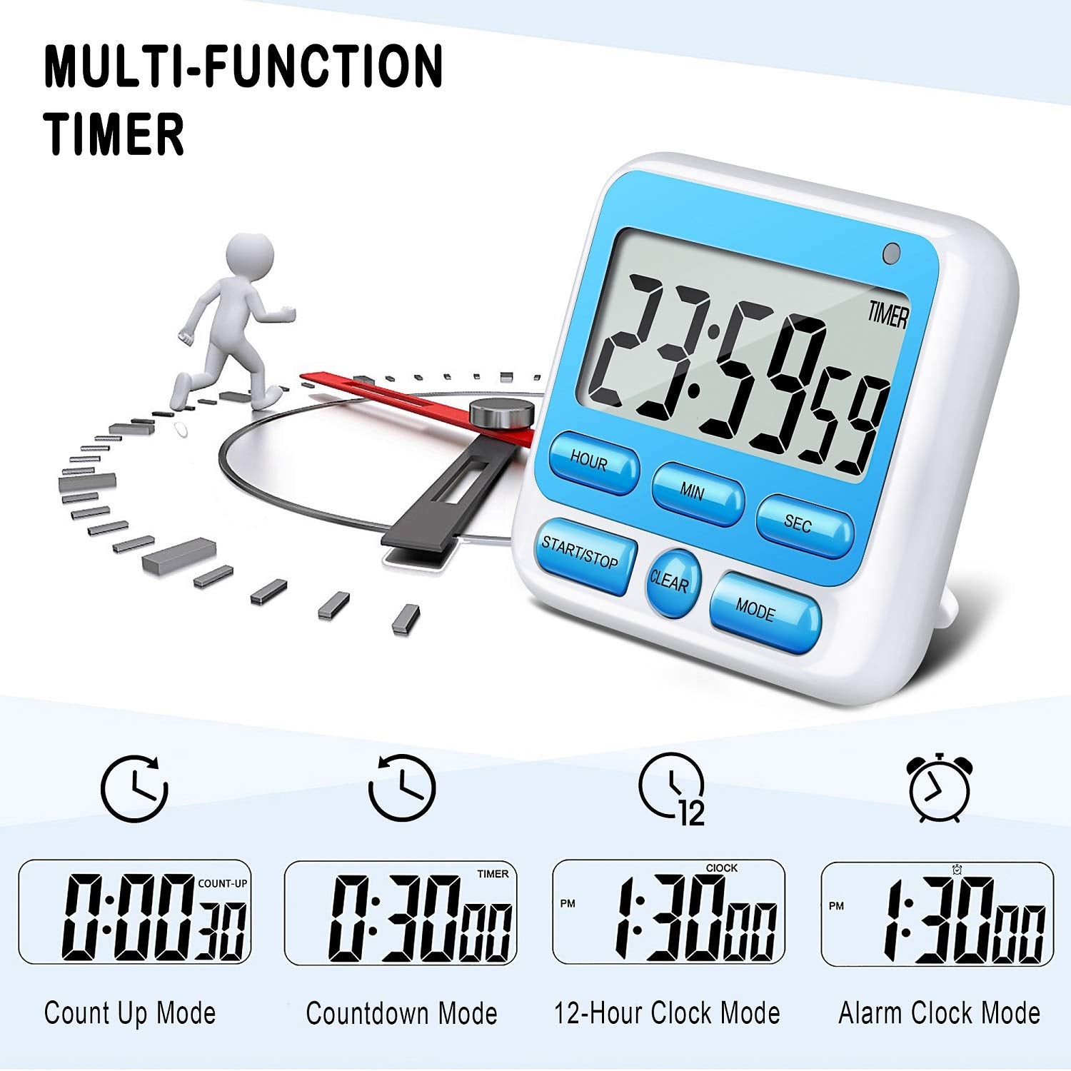 KTKUDY Digital Kitchen Timer with Mute/Loud Alarm Switch ON/Off Switch  24 Hour Clock & Alarm  Memory Function Count Up & Count Down for Kids Teachers Cooking  Large LCD Display  Strong Magnet (Blue)
