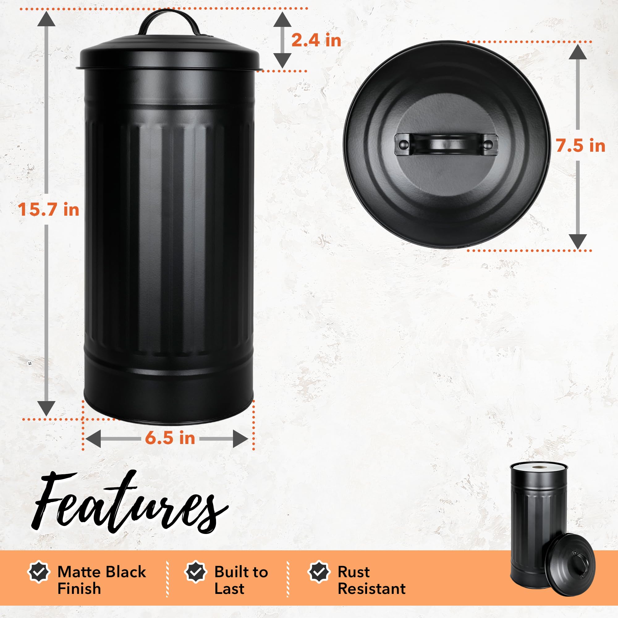 Autumn Alley Black Toilet Paper Reserve Holder Canister with Lid - Vertical Rustproof Free-Standing Farmhouse Metal Toilet Tissue Caddy for 3 Mega Rolls  Rustic Behind/Beside Toilet Storage Stand