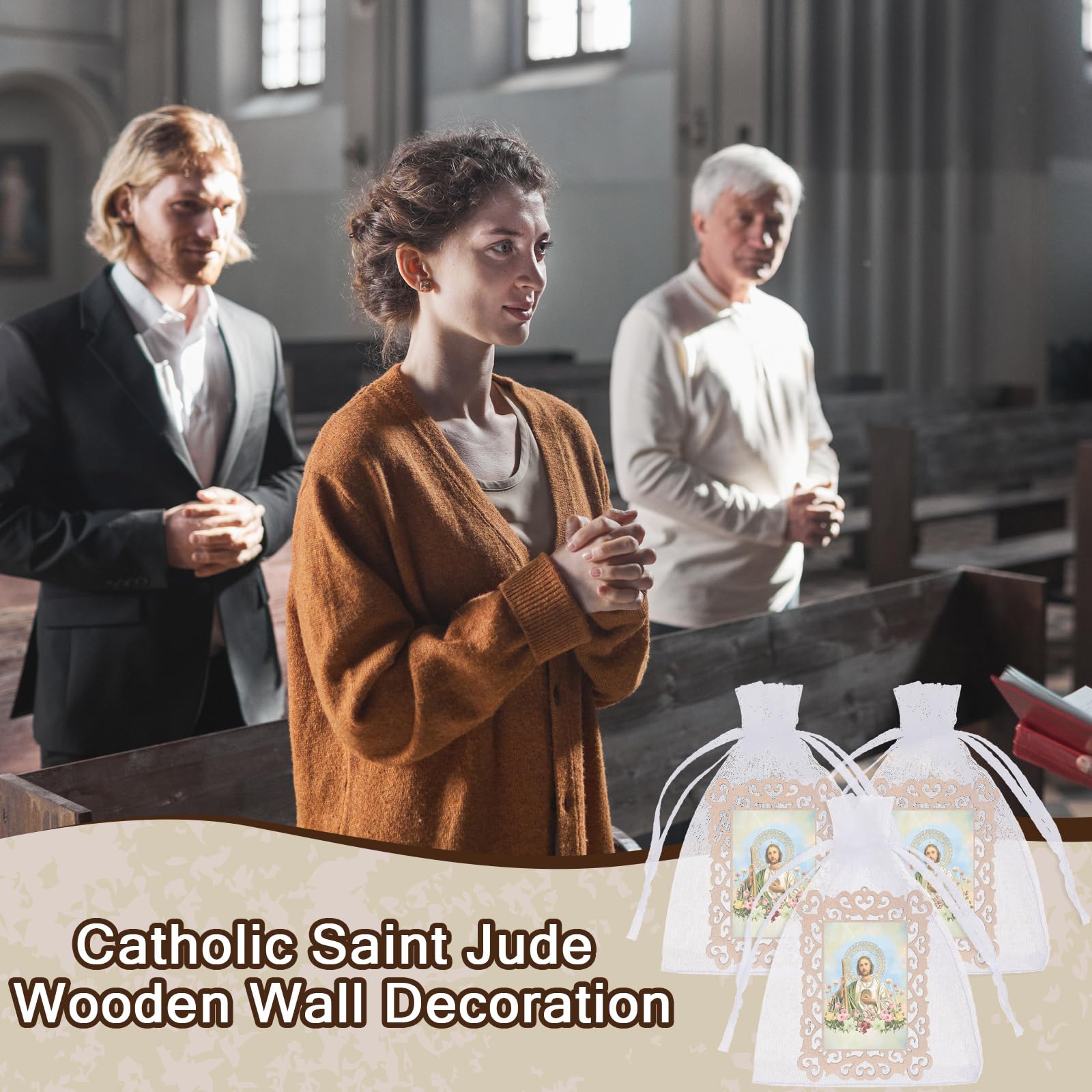 Quelay 12 Pcs Catholic Saint Jude Wooden Picture Frames with Organza Gift Bags Baptism Favors for Guests First Communion Christe