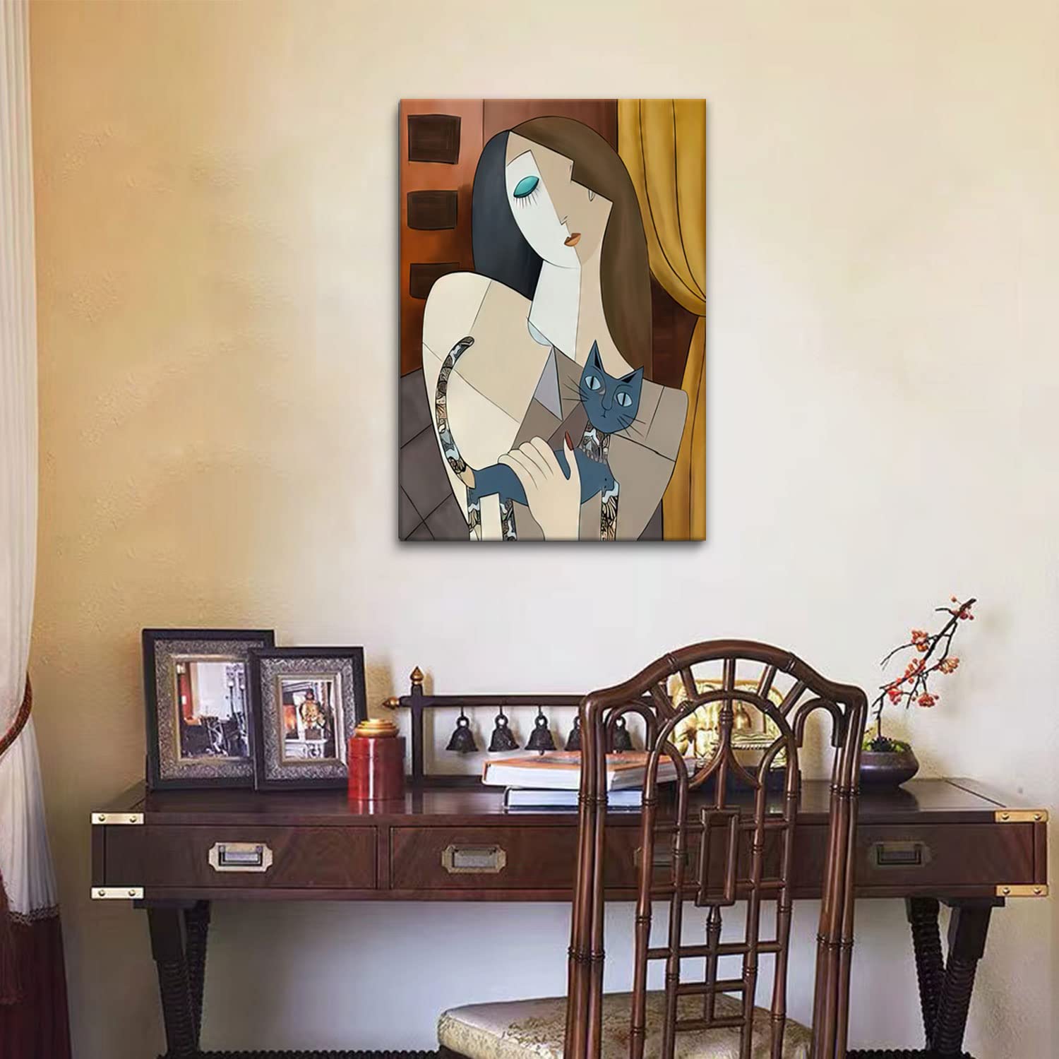 Framed Picasso Wall Art Nordic Abstract Girl and Cat Canvas Wall Art Bohemian Canvas Prints The Dream Girl with Cat Picture Modern Wall Decor for Hotel Rooms Bedroom Poster 12''* 16''
