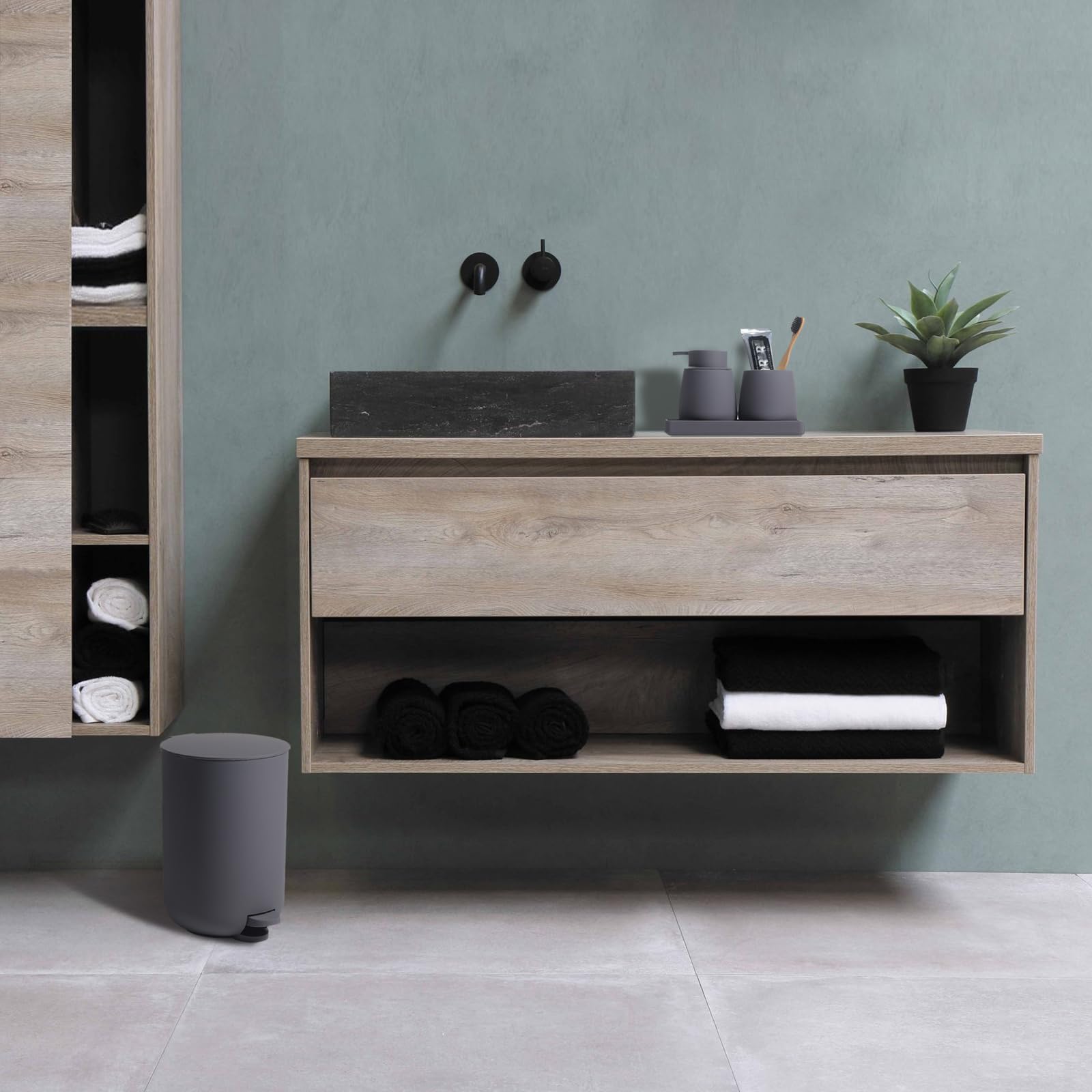 Gahefy Grey Bathroom Accessories Set With Small Trash Can 3 Liter/0.8 Gallon,Toothbrush Holder,Soap Dispenser,Vanity Tray,Toilet
