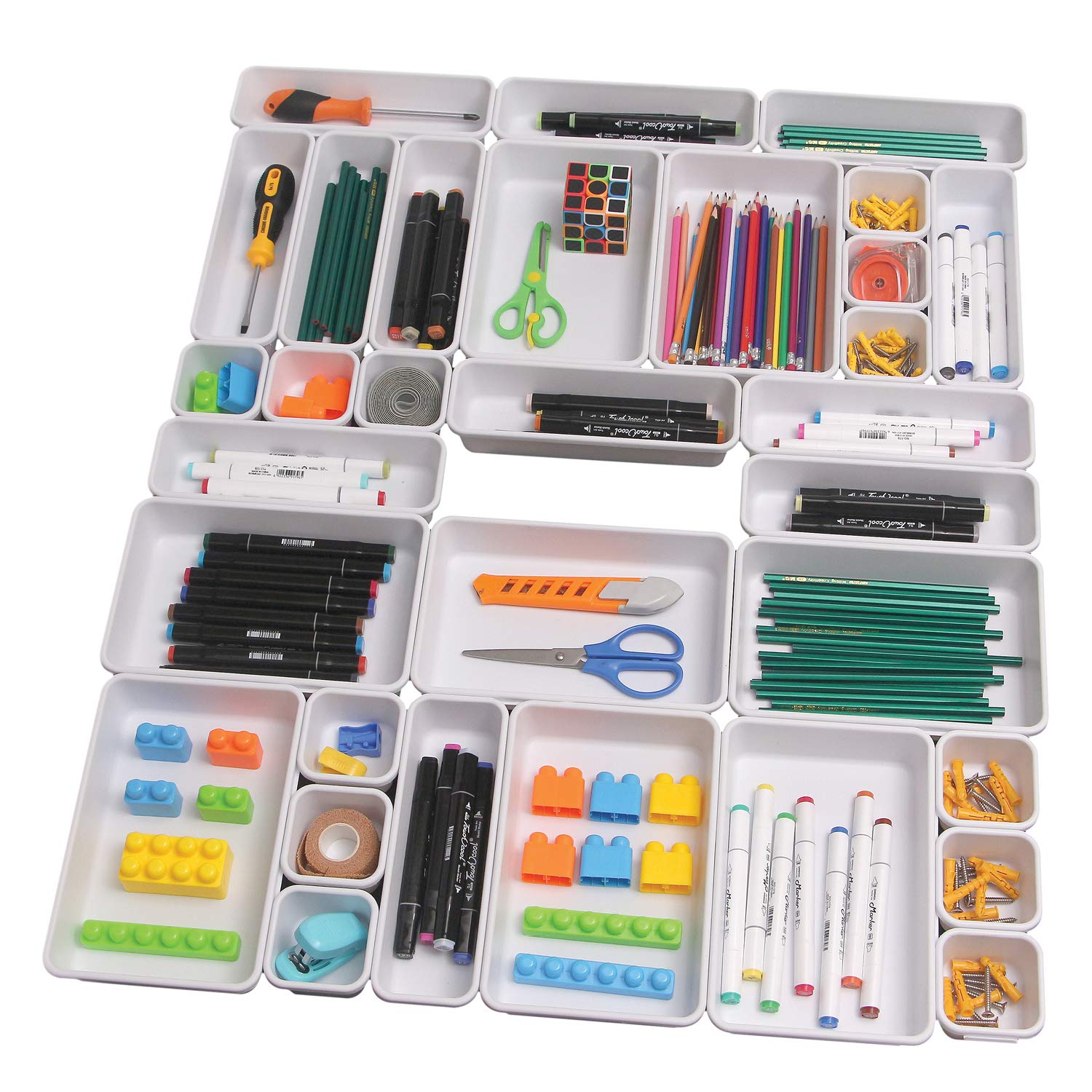 Set of 32 Interlocking Desk Drawer Organizer Tray Dividers Plastic Shallow Narrow Drawers Organizers Separators Storage Bins Con