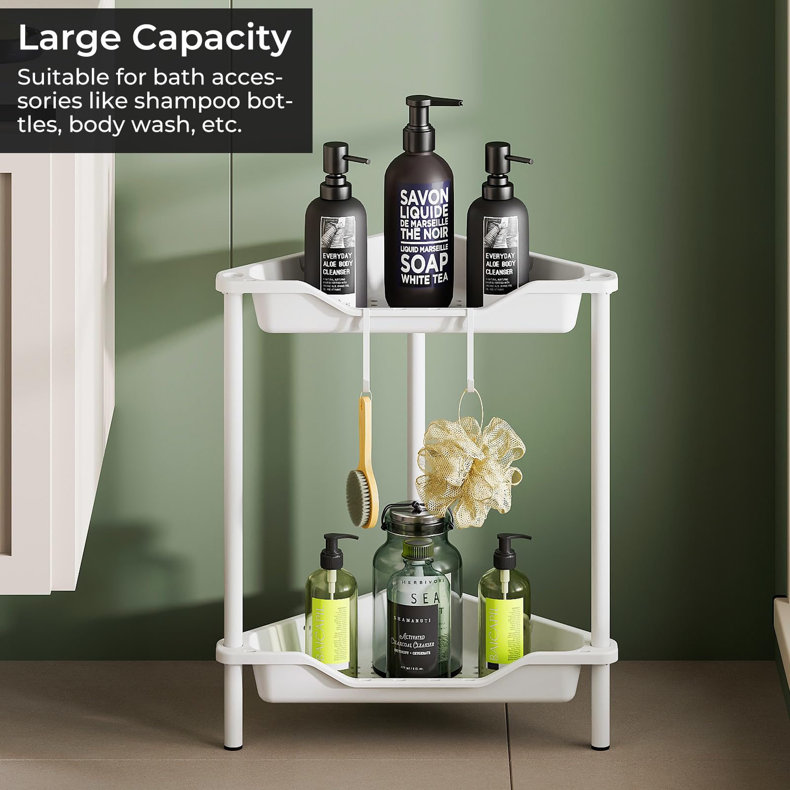 Odesign 2 Tier Floor Standing Corner Shower Caddy Organizer Plastic Metal Splicing Shelf Storage Rack For Bathroom White - Rustp