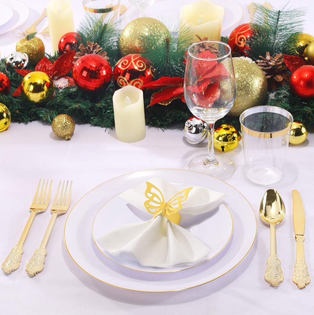 Nervure 100Pieces White With Gold Rim Plastic Plates - 7.5Inch Disposable Gold Salad/Dessert Plates - White And Gold Plastic Pla