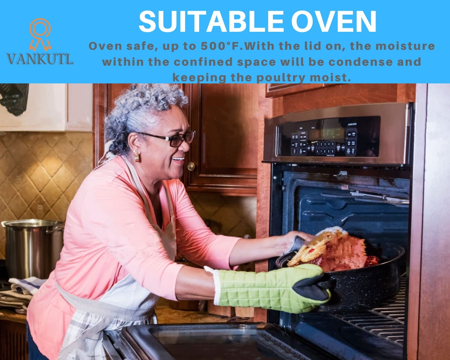 16 Inch Roasting Pan With Lid - Covered Oval Roaster - Enamel Carbon Steel Roaster Pot - Excellent Heat Distribution And Non-Sti