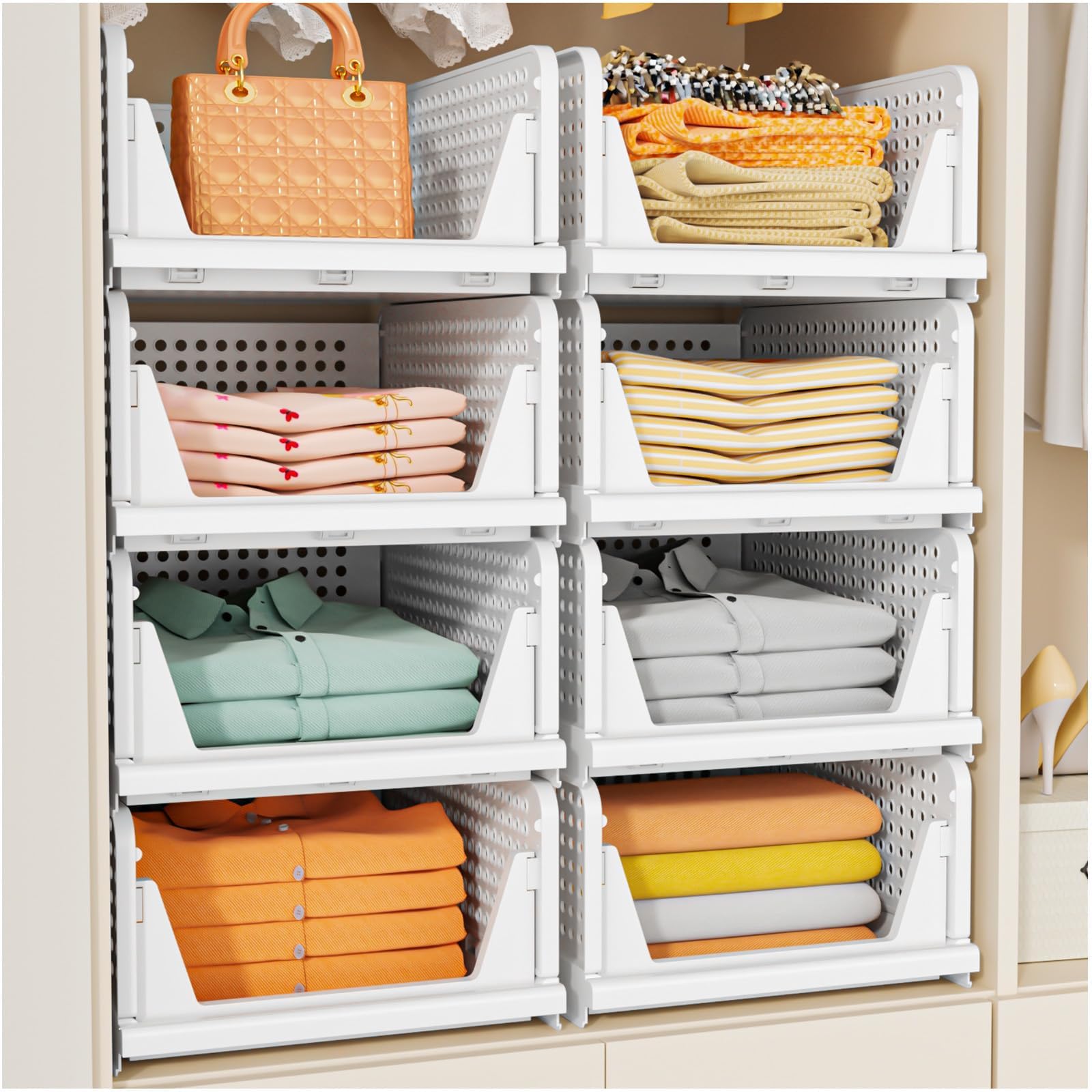 SNSLXH 5 Pack Stackable Closet Storage Basket, Multifunctional & Foldable Closet Organizer for Bathroom Kitchen Laundry Room War