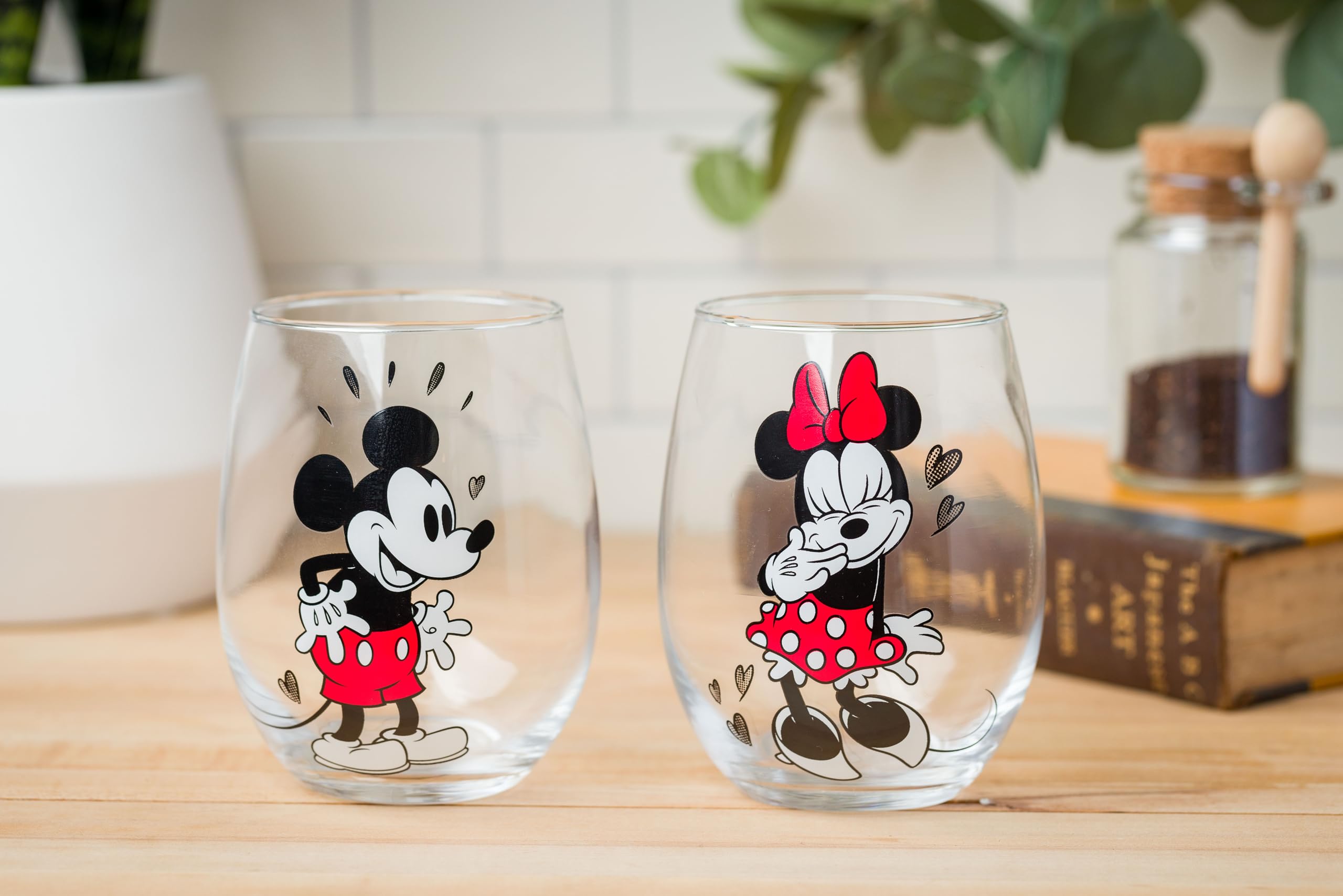 Silver Buffalo Disney Mickey And Minnie Love Halftone Hearts Boxed 2Pc Stemless Glass Set, 20 Ounces