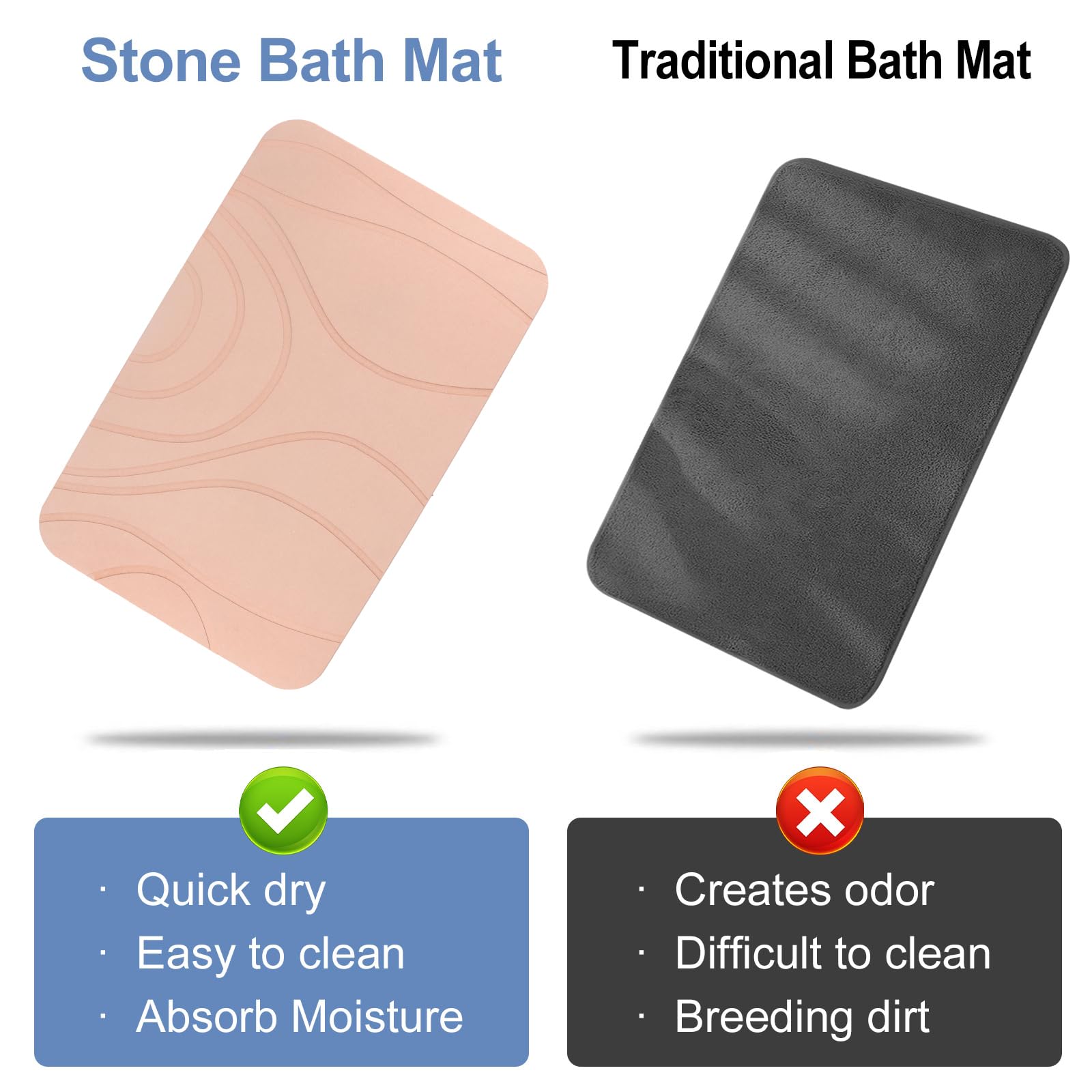 Stone Bath Mat, 2 Pack Diatomaceous Earth Shower Mat, Non-Slip Super Absorbent Quick Drying Bathroom Floor Mat, 24X15, Pink