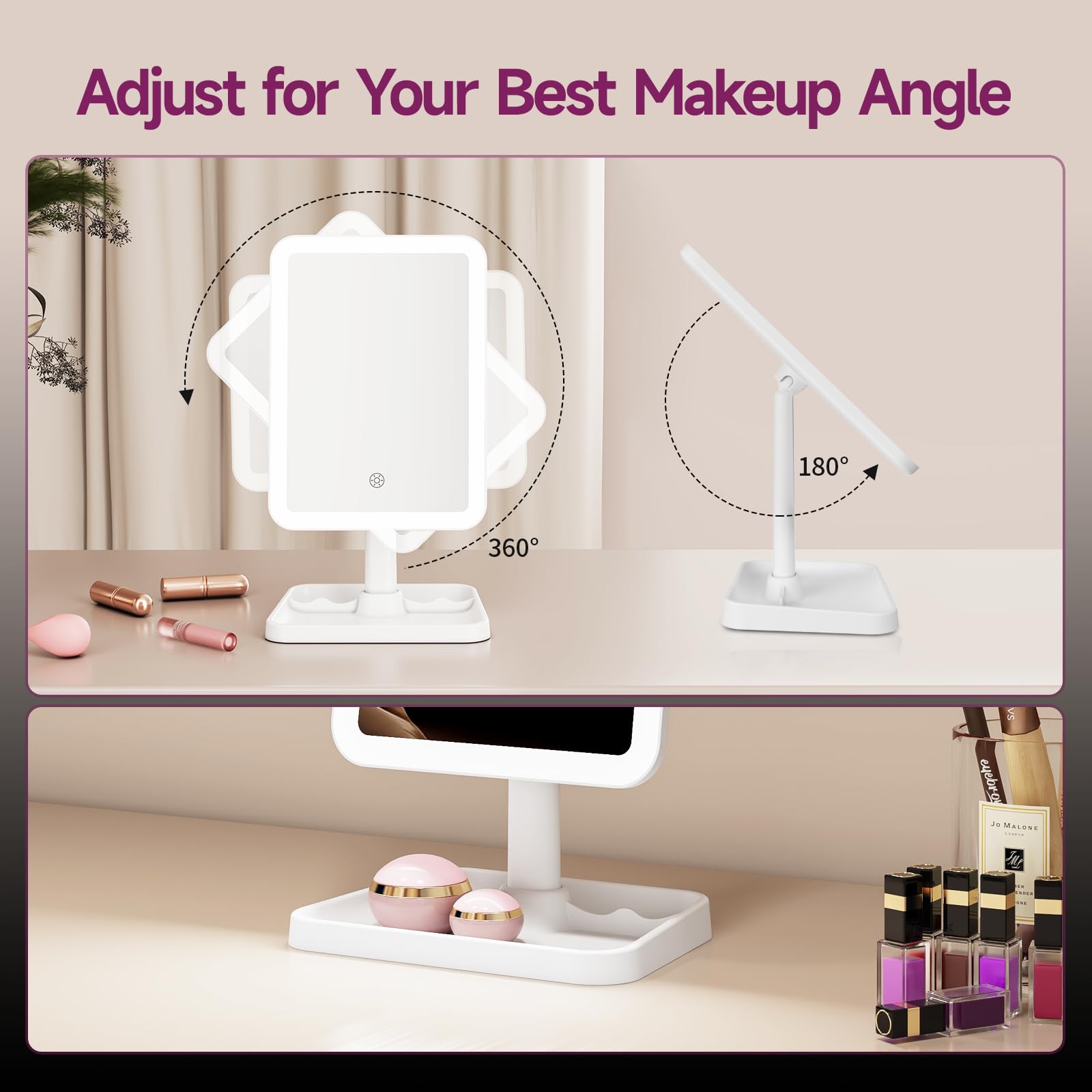 Funtouch 2000Mah Rechargeable Light Up Makeup Mirror With Lights,Make Up Mirror With 3 Color Lights And 3.5'' Detachable 10X Mag