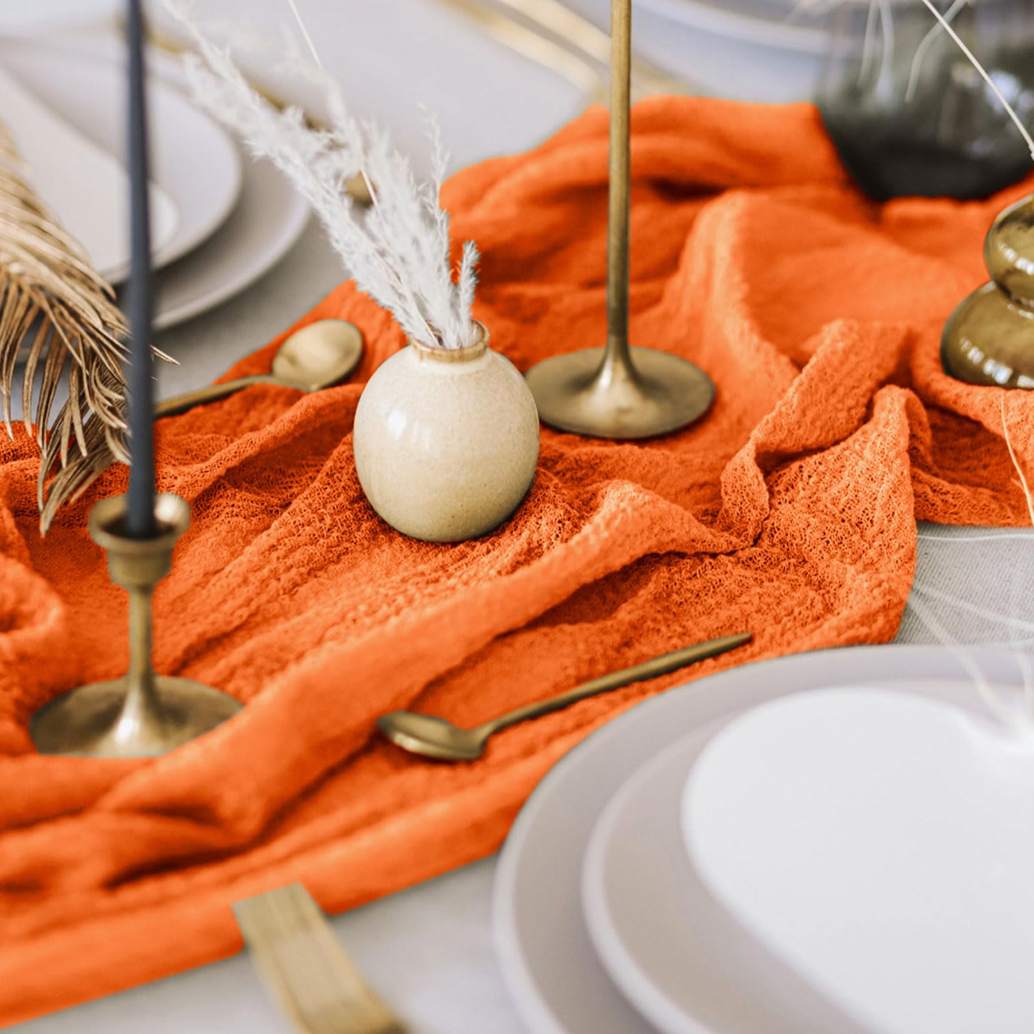 Fanproms Orange Cheesecloth Table Runner 2 Pcs 10Ft Halloween Gauze Table Runner For Fall Autumn Table Supply Vintage Cheese Clo