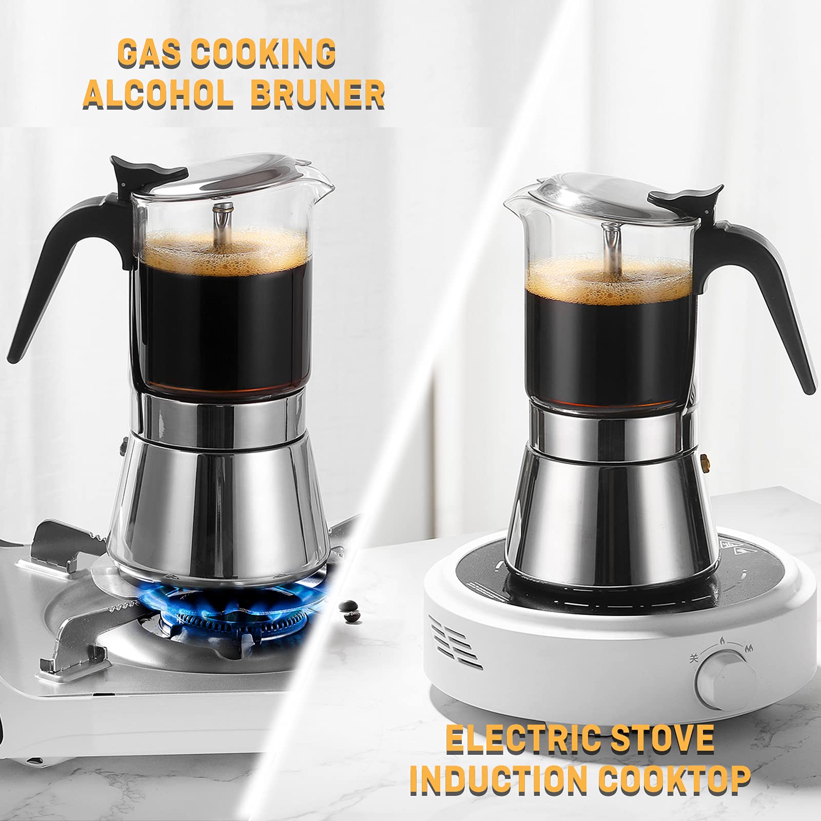 Sixaquae Induction Moka Pot, Crystal Glass-Top & Stainless Steel Stovetop Espresso Maker,Classic Italian Coffee Maker (160Ml)
