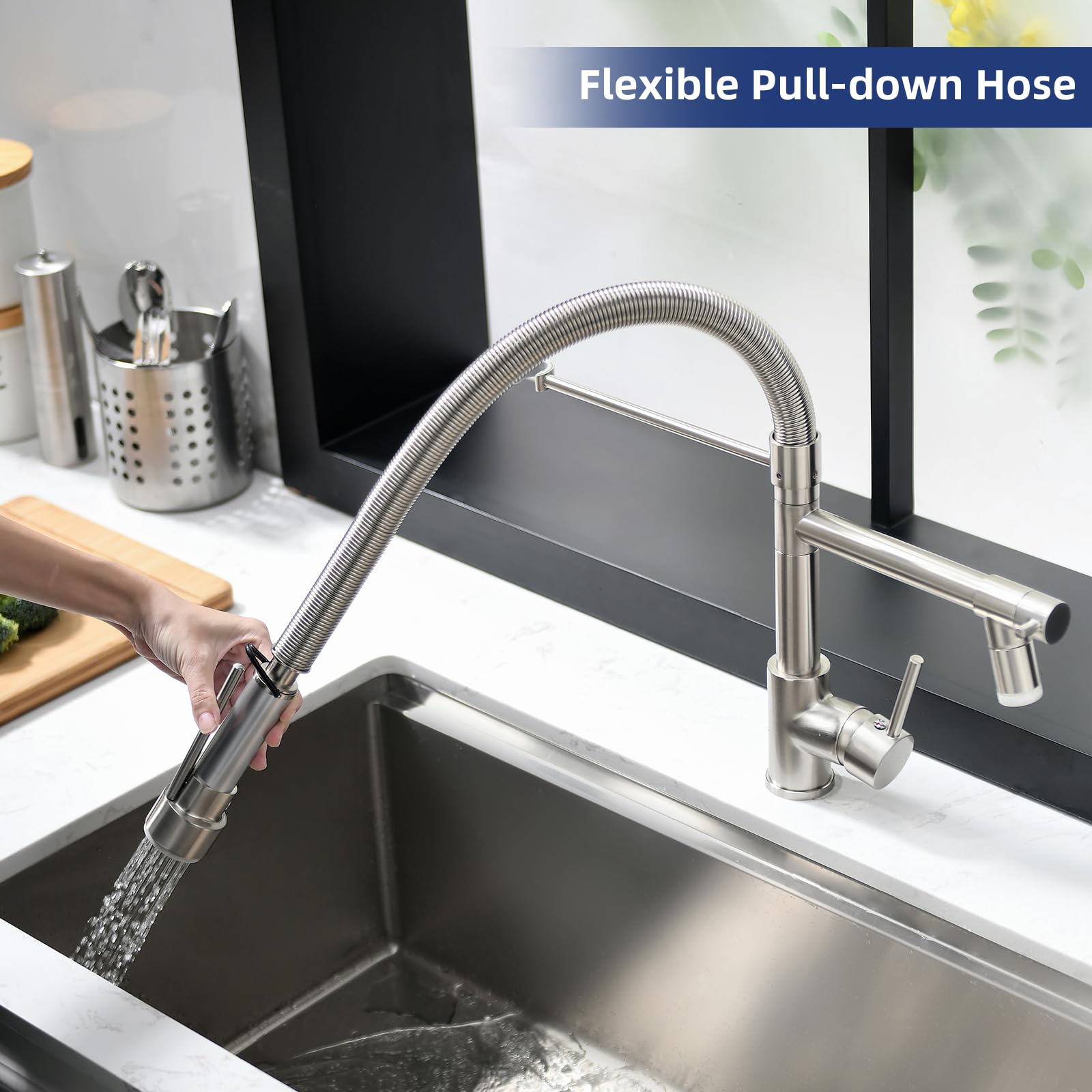 Fapully Kitchen Faucets With Pull Down Sprayer,Commercial Single Handle Kitchen Sink Faucet With Led Light,Brushed Nickel
