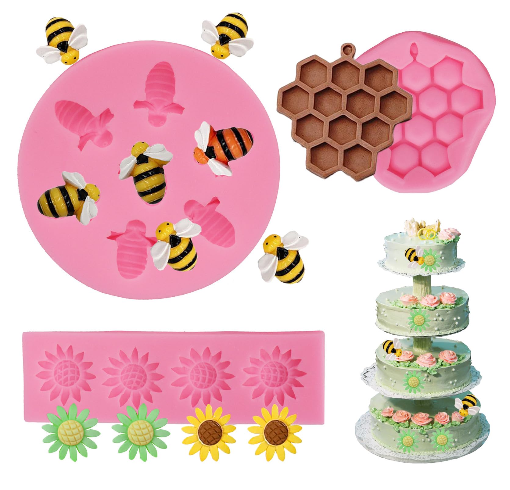 4 Pcs Bumble Bee Silicone Mold Honeycomb Sunflower And Bee Fondant Molds Kit Cupcake Hive Diy Chocolate Fondant Candy Cookies Cr